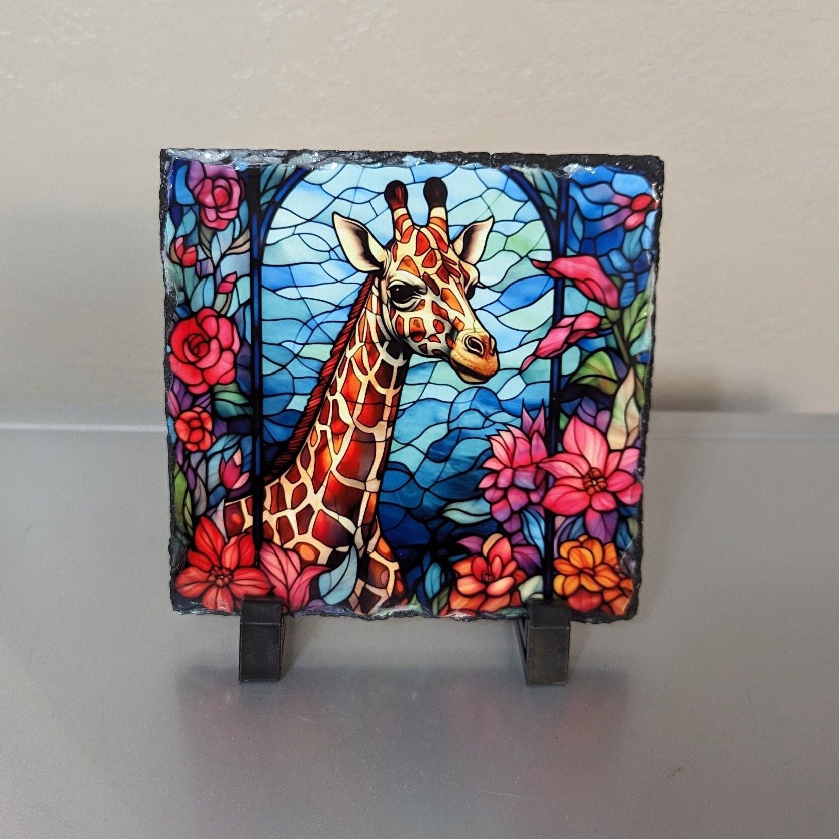 Slate Giraffe Picture With A Stained Glass Design Includes Display Legs