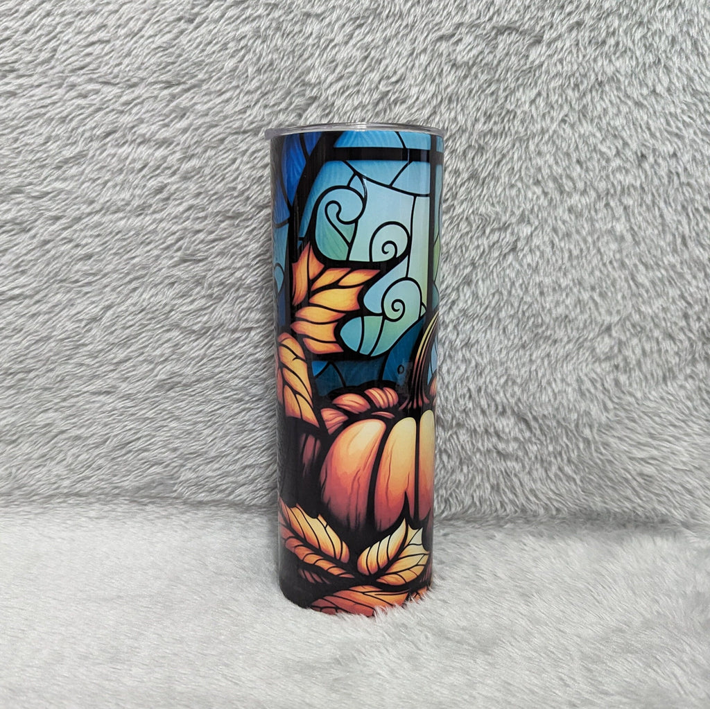 Pumpkin Tumbler With Stained Glass Design 20oz With Reusable Straw