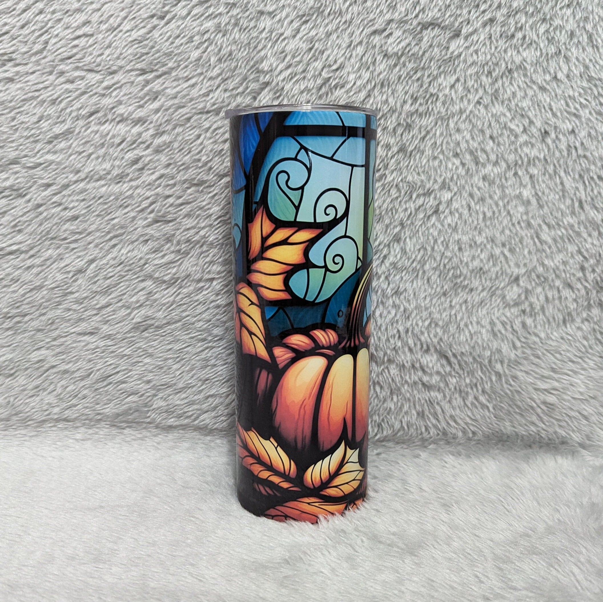 Pumpkin Tumbler With Stained Glass Design 20oz With Reusable Straw
