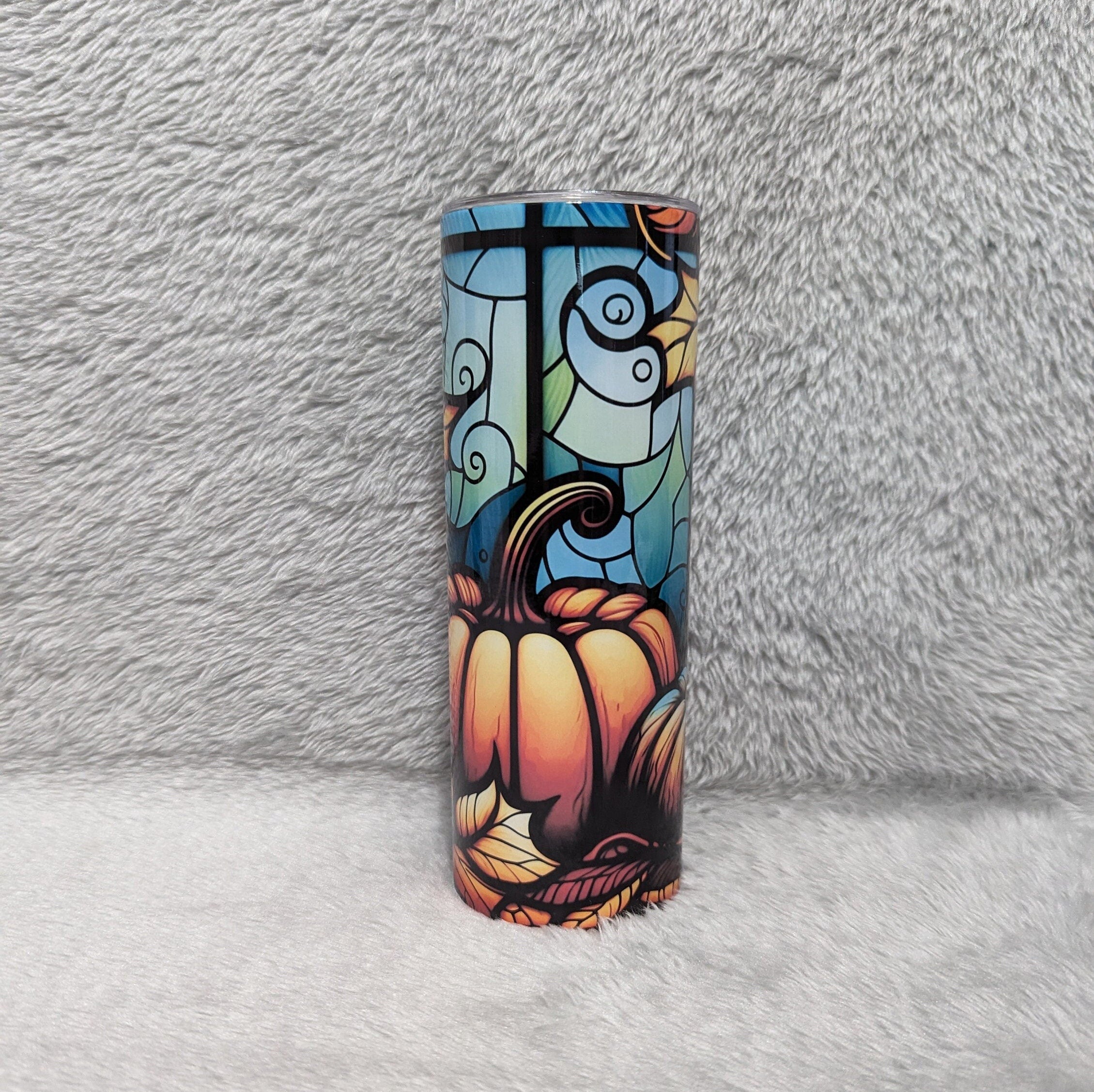Pumpkin Tumbler With Stained Glass Design 20oz With Reusable Straw