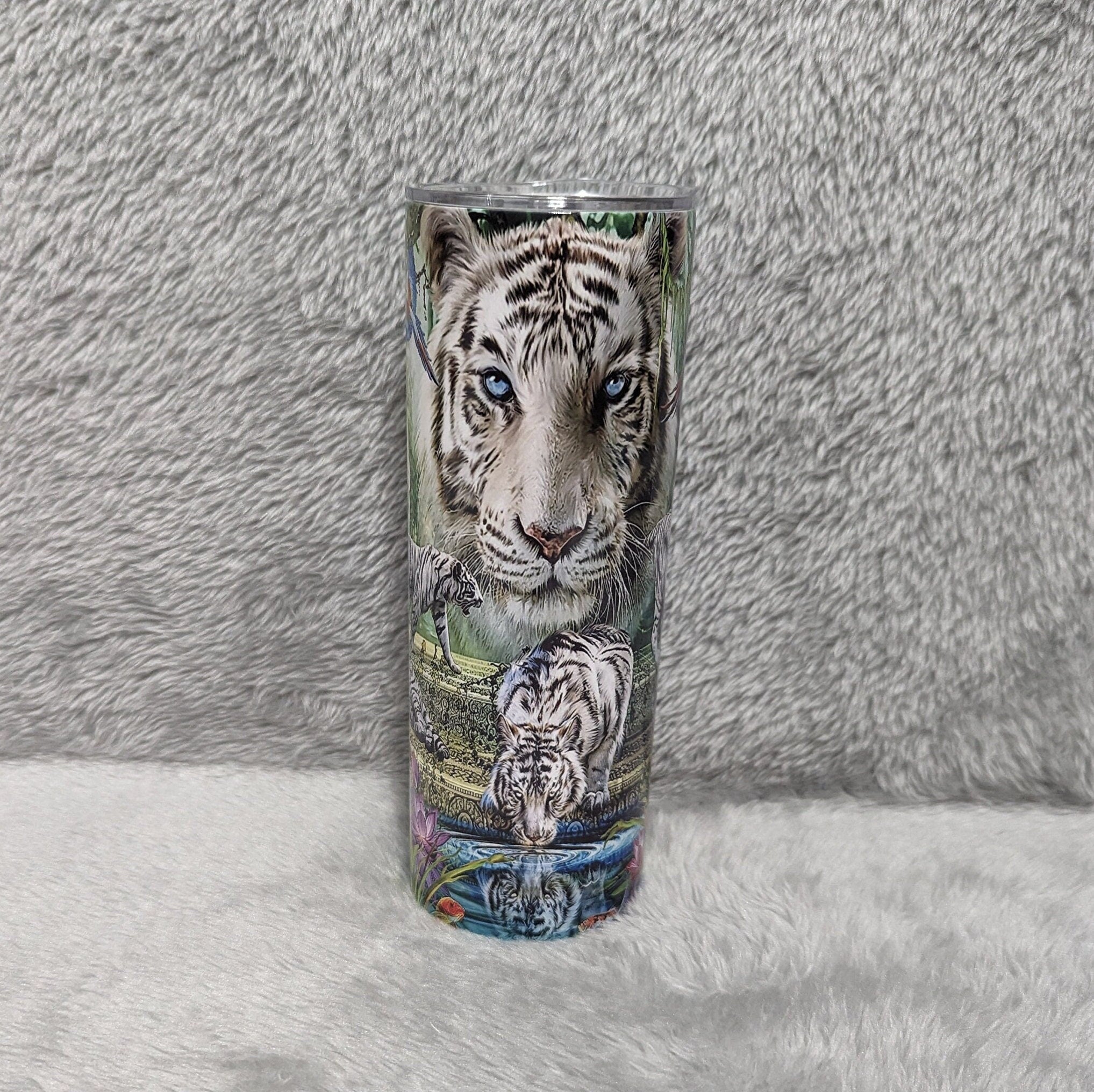 Beautiful White Tiger Tumbler 20oz With Reusable Straw, Can Be Personalized