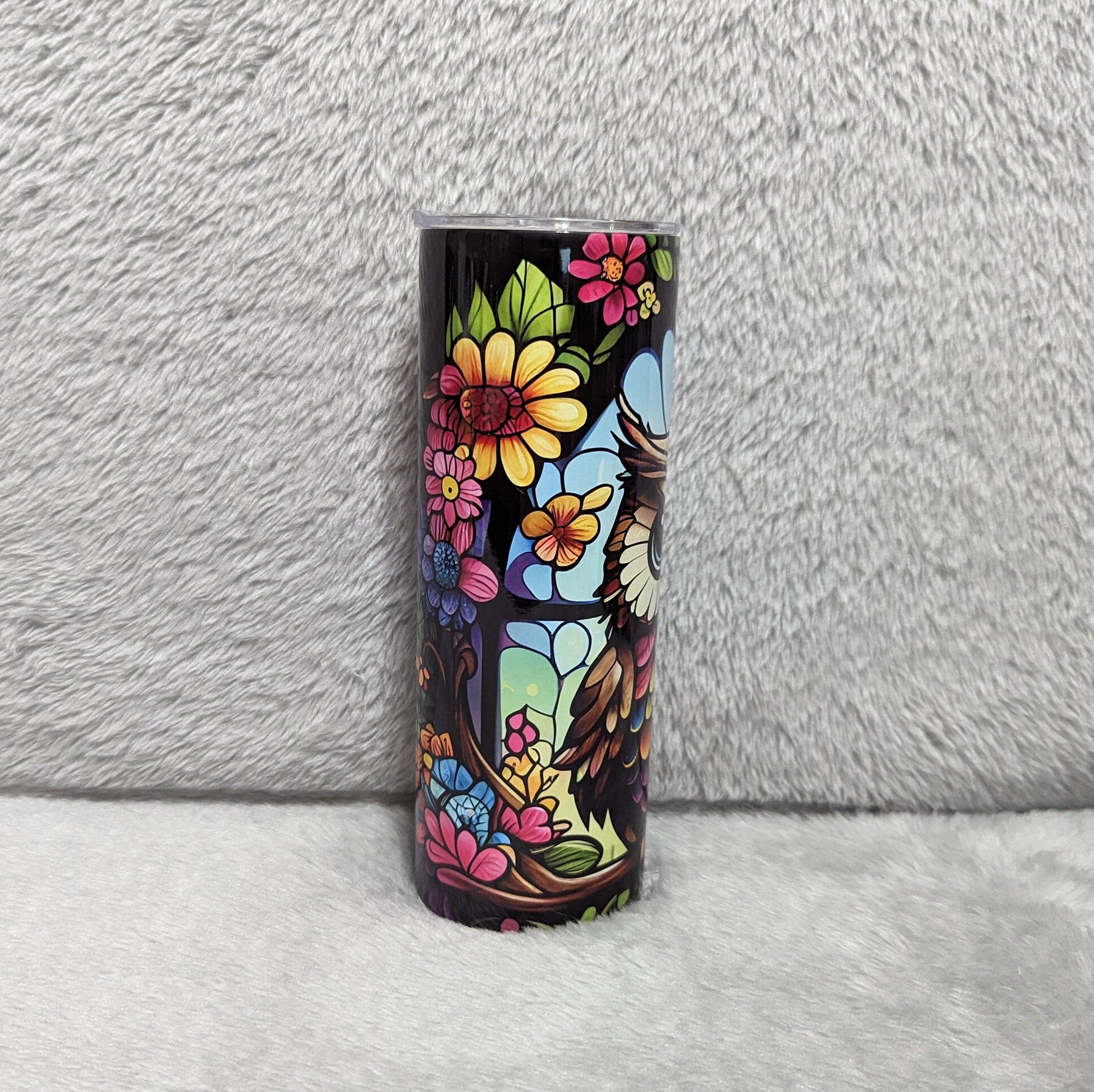 Owl Tumbler With Stained Glass Design 20oz With Reusable Straw, Can Be Personalized