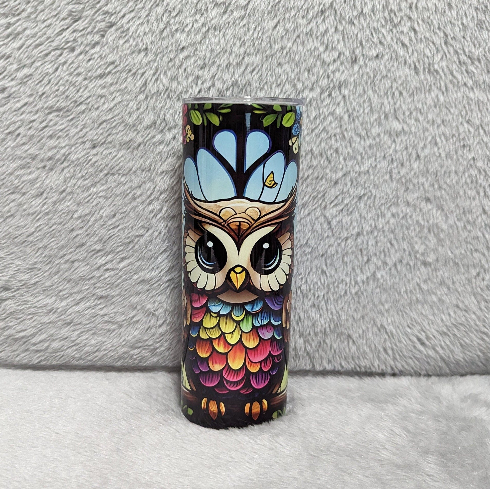 Owl Tumbler With Stained Glass Design 20oz With Reusable Straw, Can Be Personalized