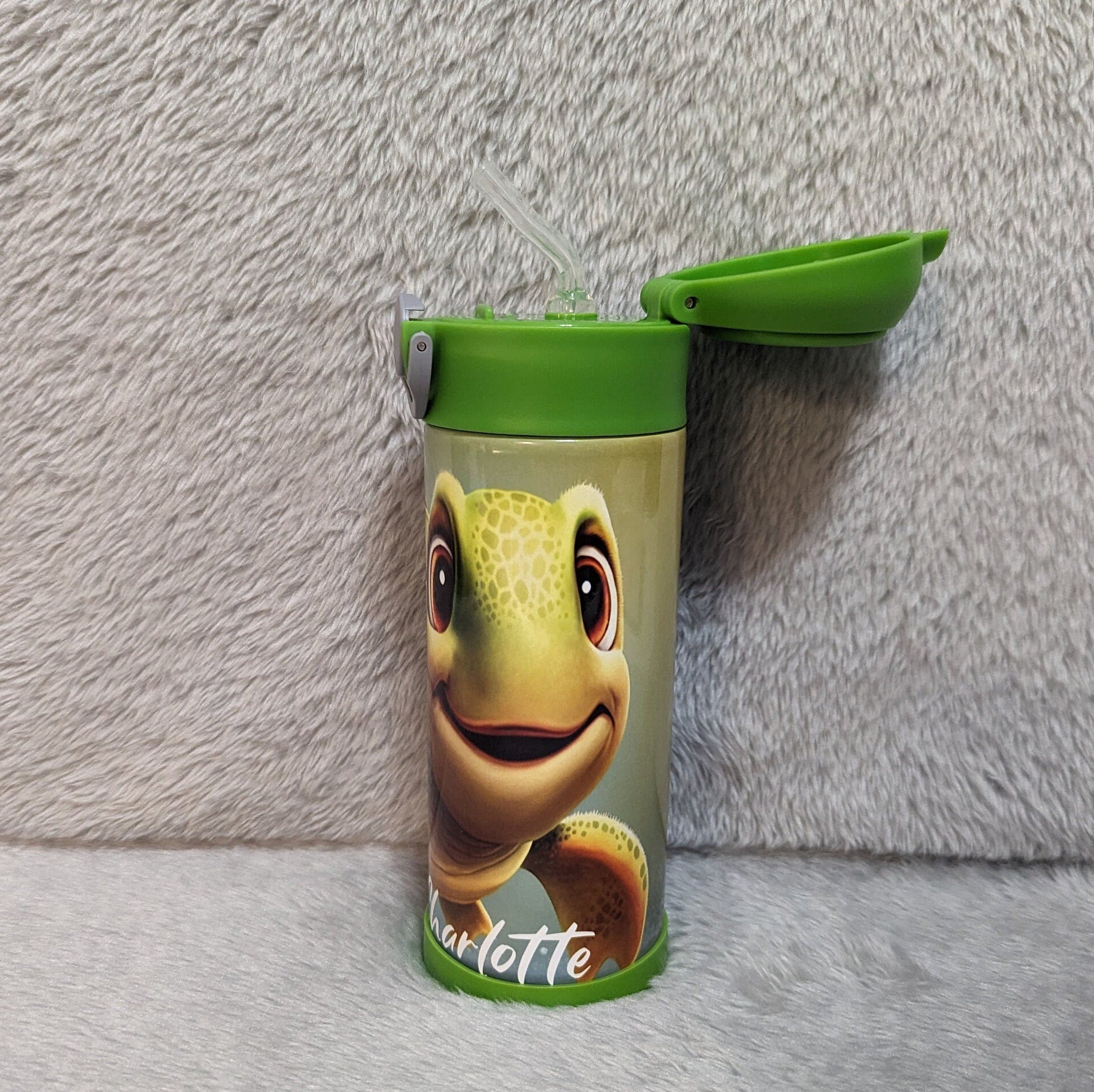 Kids Turtle Water Bottle 12oz With Reusable Straw Can Be Personalized