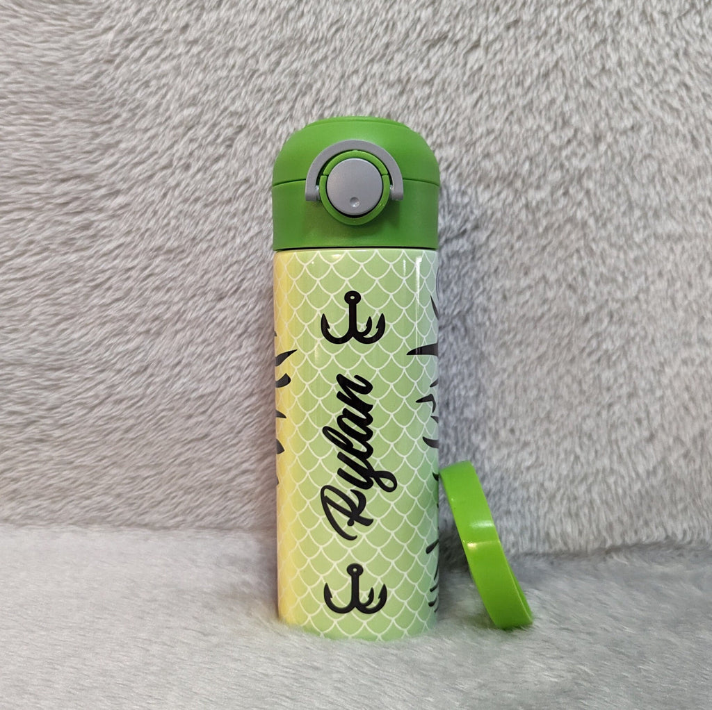 Kids Fishing Lure Water Bottle 12oz With Reusable Straw Can Be Personalized