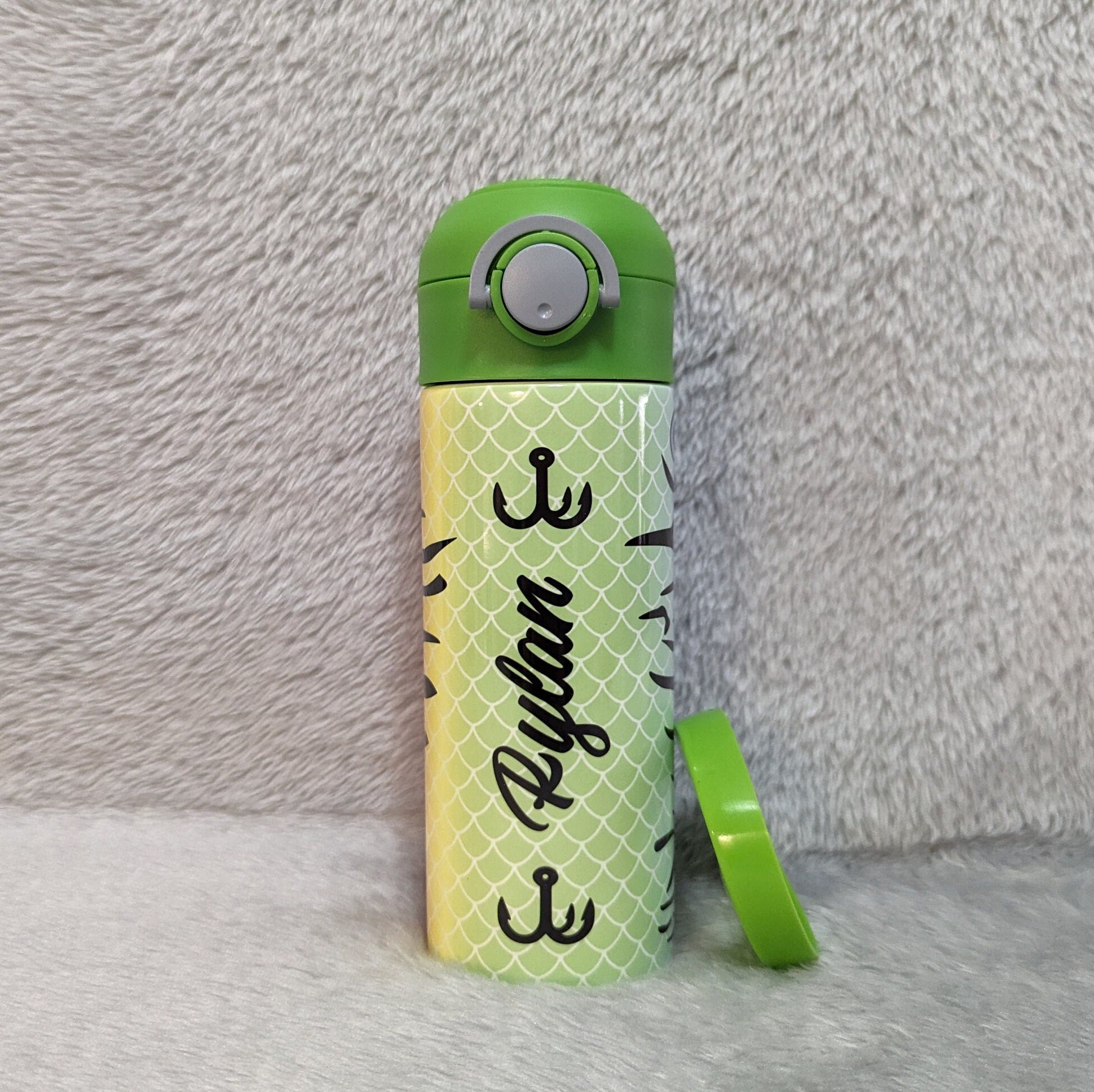 Kids Fishing Lure Water Bottle 12oz With Reusable Straw Can Be Personalized