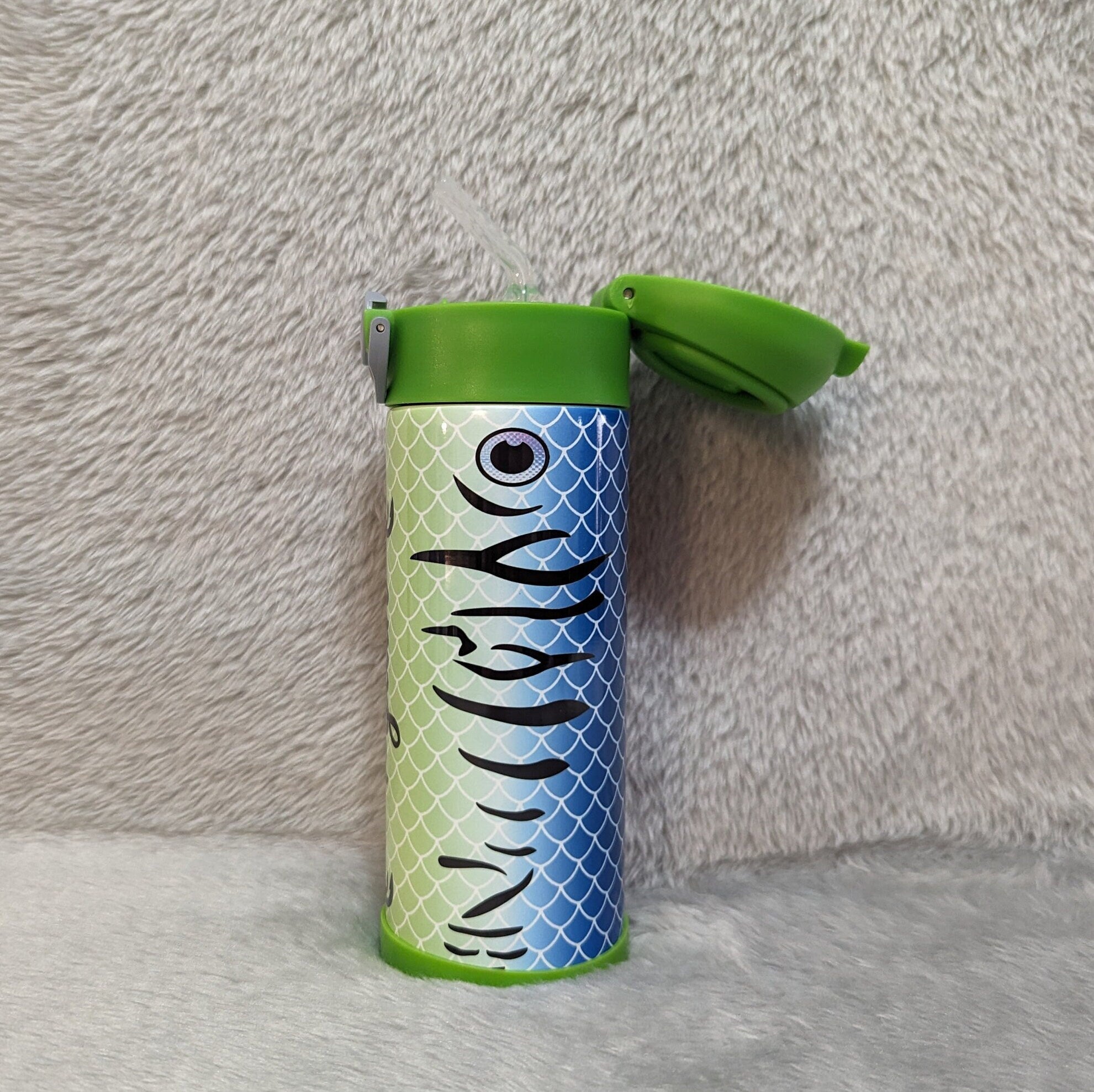 Kids Fishing Lure Water Bottle 12oz With Reusable Straw Can Be Personalized