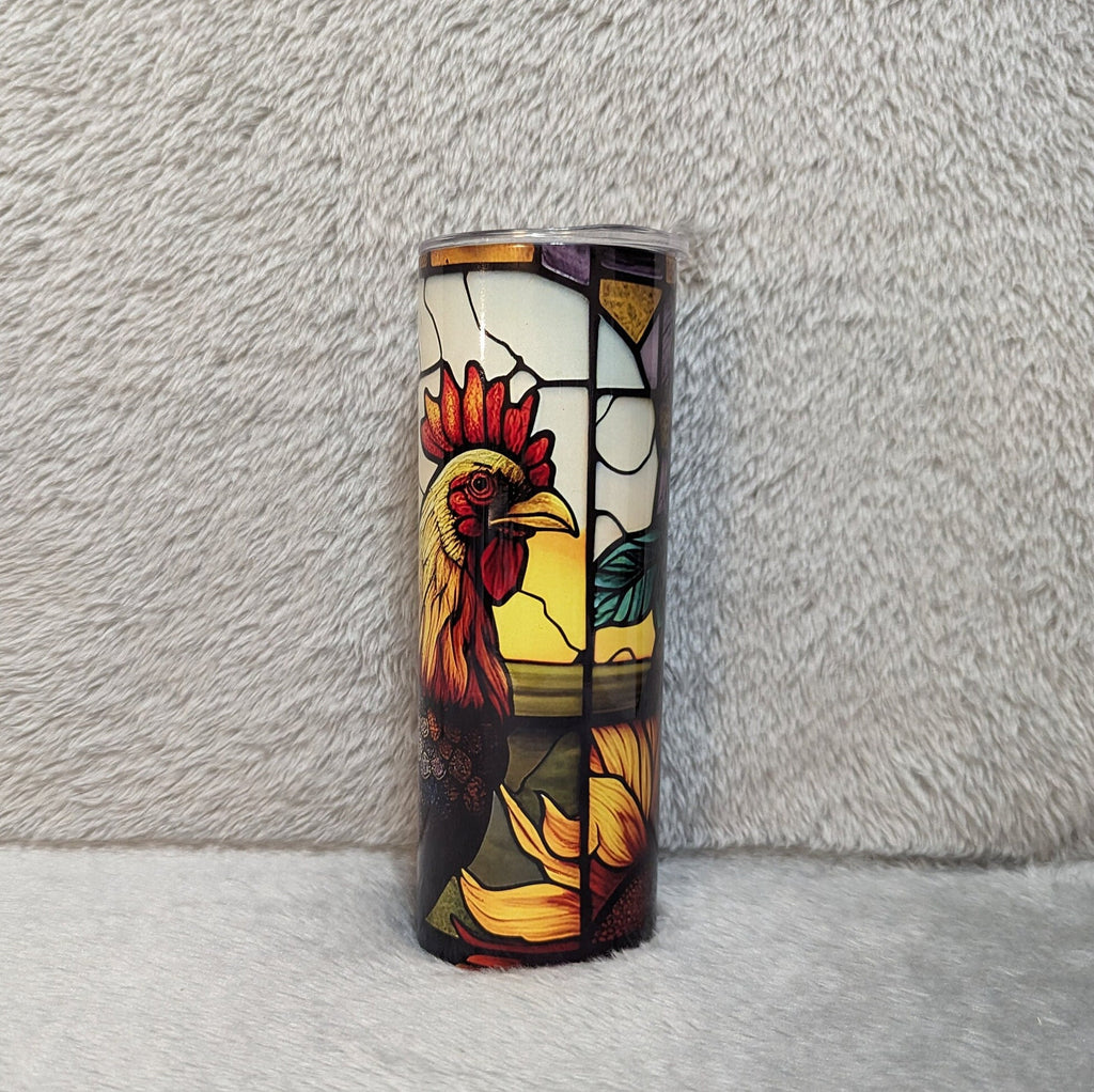 Colorful Rooster Tumbler With A Stained Glass Design 20oz With Reusable Straw, Can Be Personalized