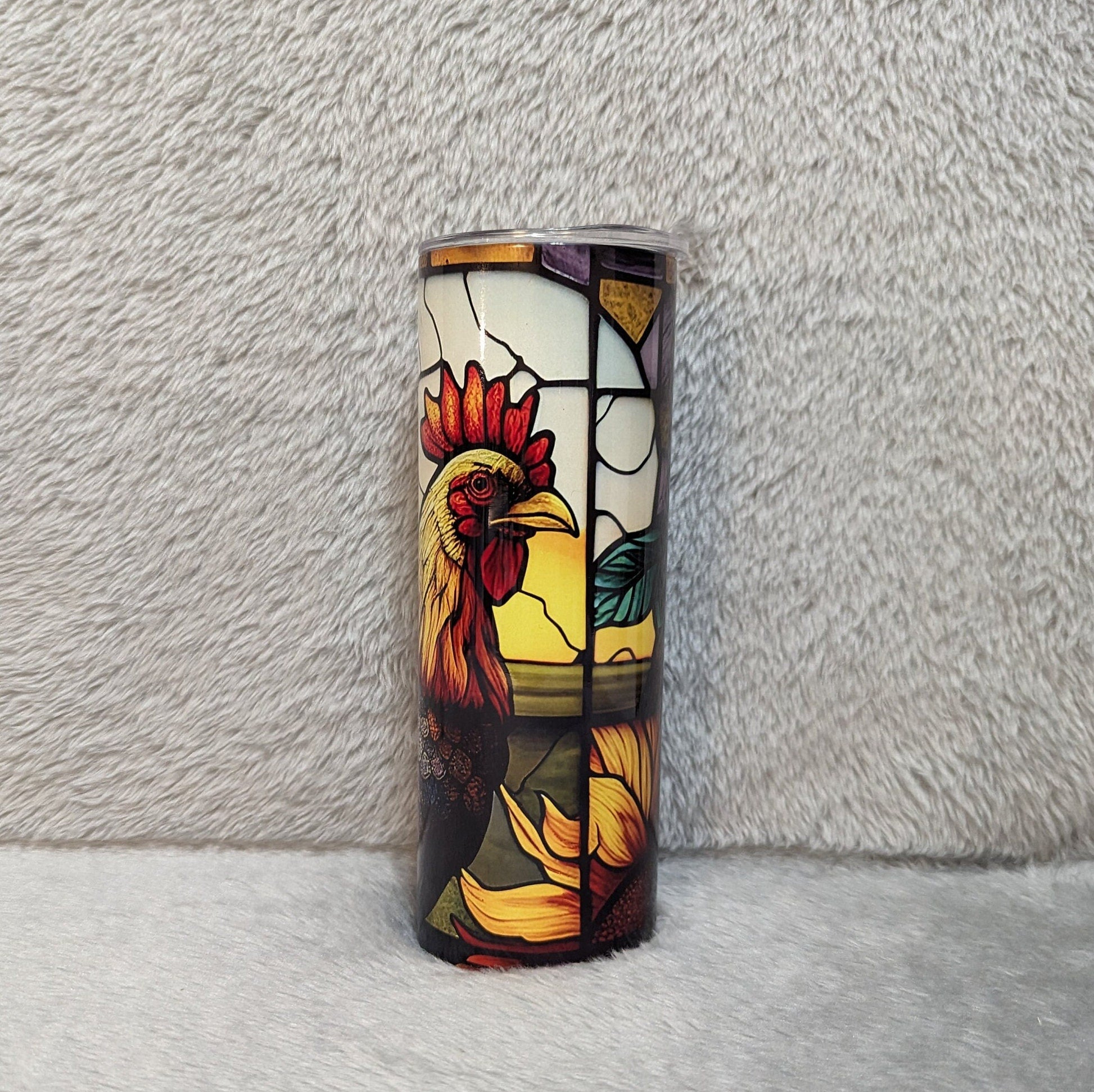 Colorful Rooster Tumbler With A Stained Glass Design 20oz With Reusable Straw, Can Be Personalized