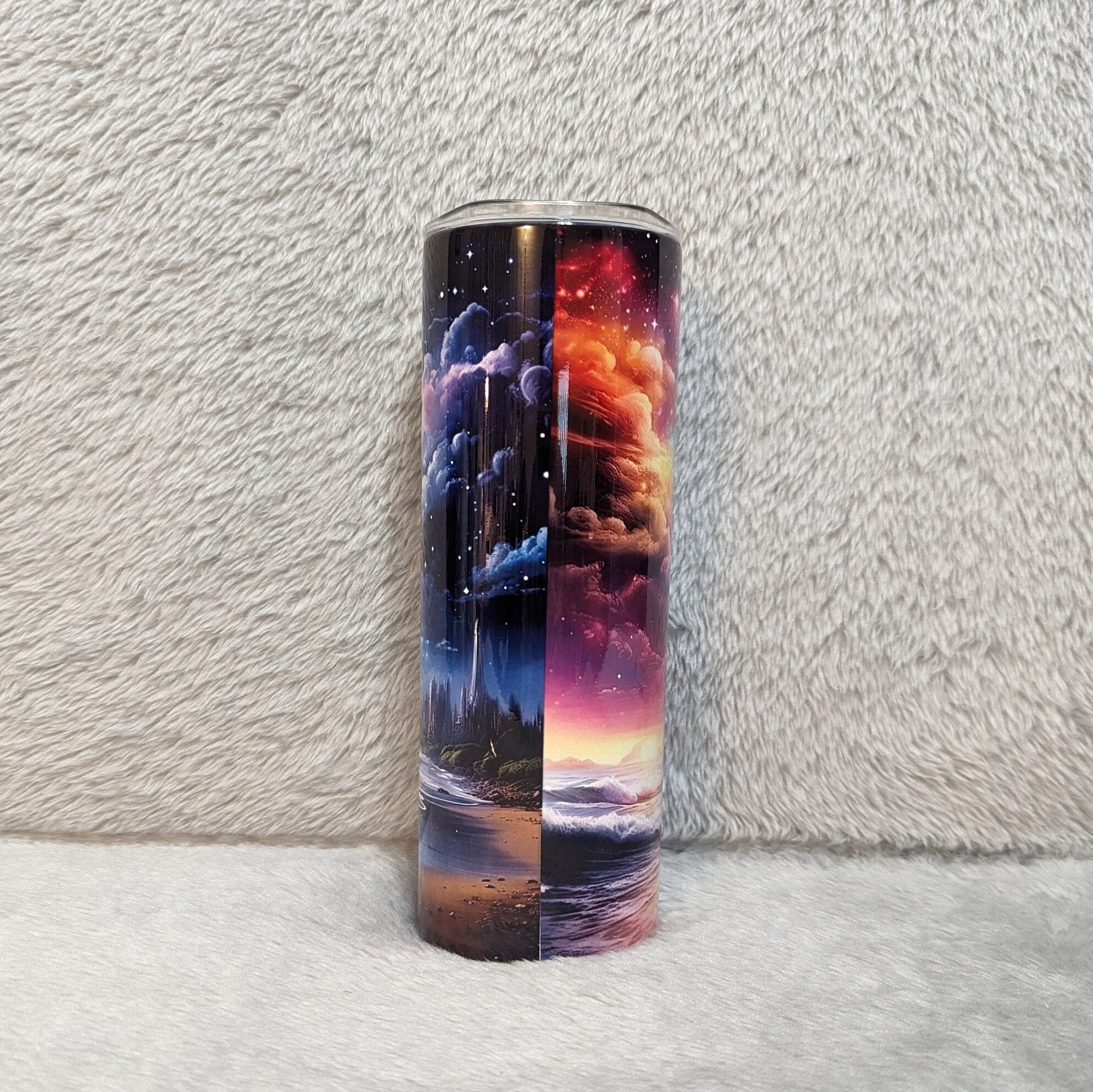 Neon Color Beach Tumbler, Northern Light Tumbler, Sparkling Sky and Glistening Water, Unique Drinkware for a Vibrant Lifestyle, Beach Gift