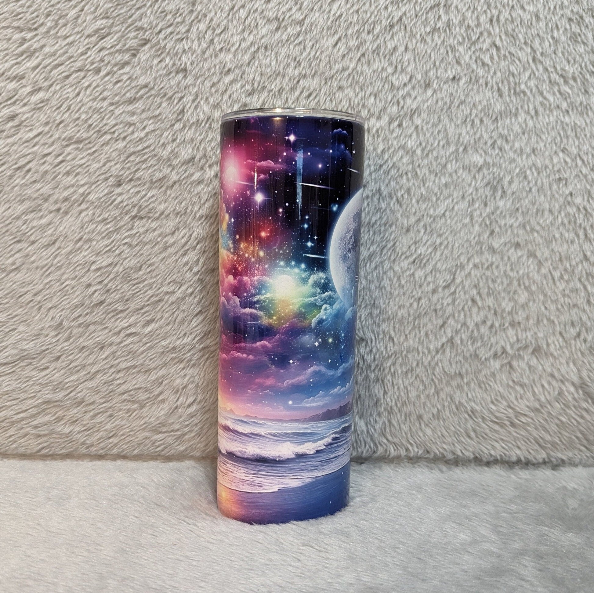 Neon Color Beach Tumbler, Northern Light Tumbler, Sparkling Sky and Glistening Water, Unique Drinkware for a Vibrant Lifestyle, Beach Gift