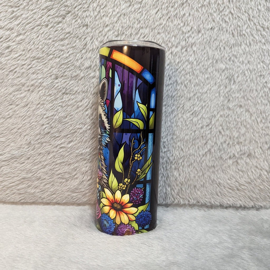 Beautiful Raccoon Tumbler With A Stained Glass Design, Includes Lid and Plastic Straw, Colorful Raccoon Cup, Personalized Tumbler