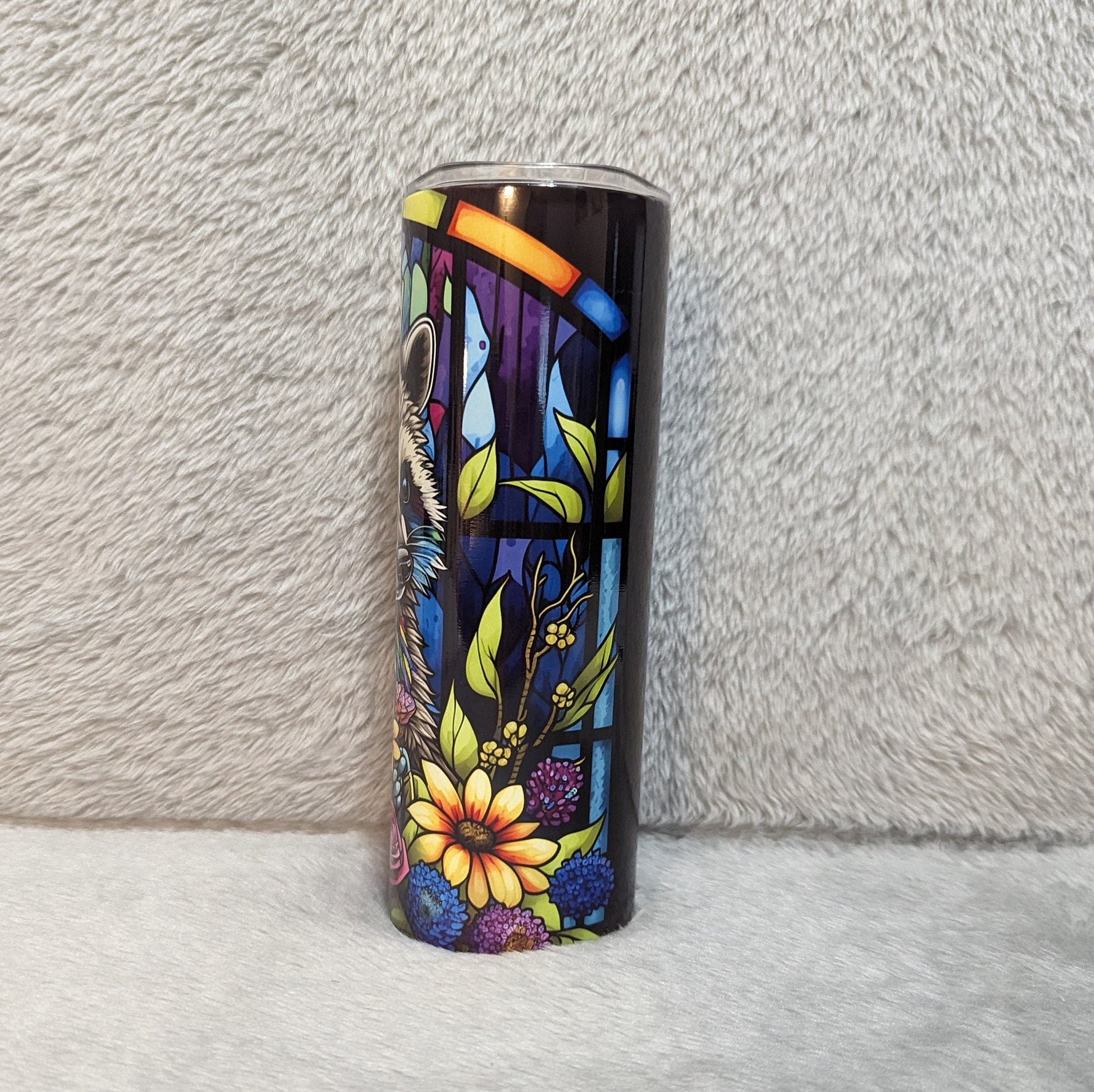 Beautiful Raccoon Tumbler With A Stained Glass Design, Includes Lid and Plastic Straw, Colorful Raccoon Cup, Personalized Tumbler