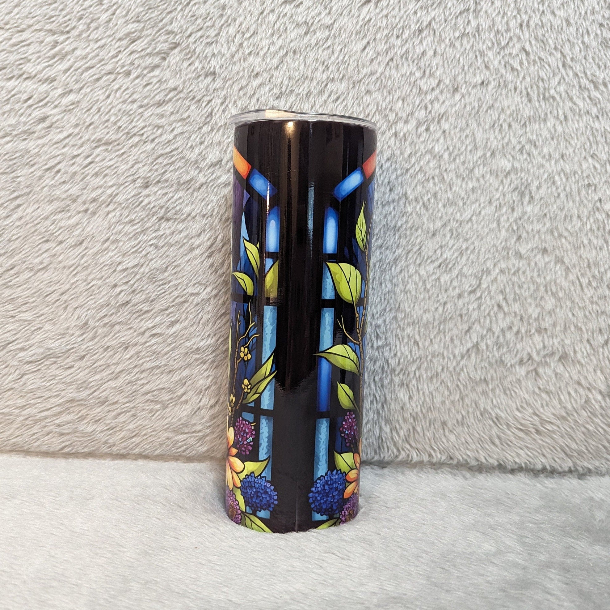 Beautiful Raccoon Tumbler With A Stained Glass Design, Includes Lid and Plastic Straw, Colorful Raccoon Cup, Personalized Tumbler