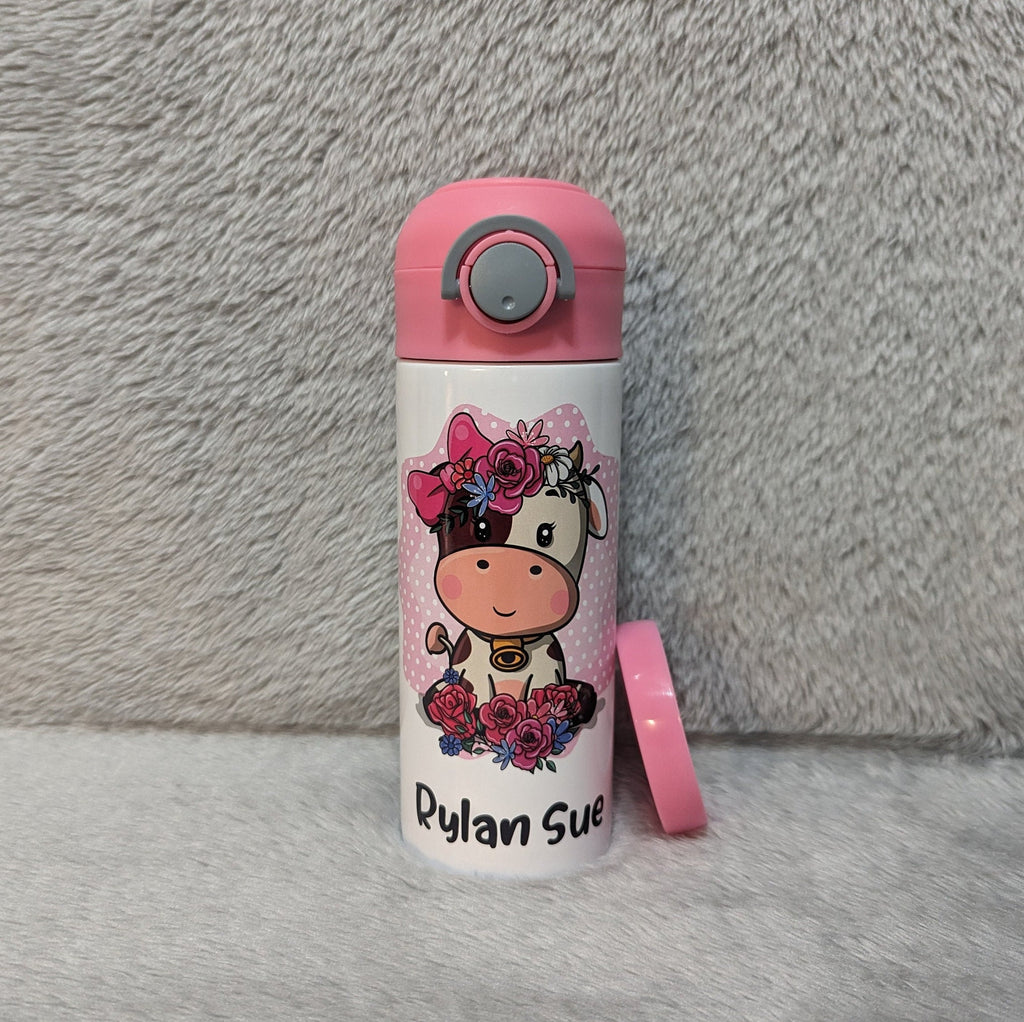 Kids Cow Water Bottle 12oz With Reusable Straw Can Be Personalized