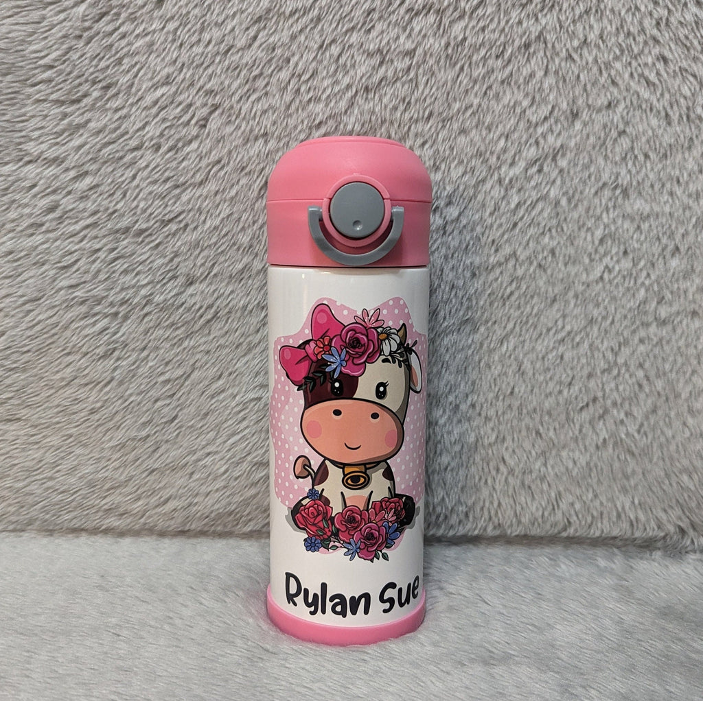 Kids Cow Water Bottle 12oz With Reusable Straw Can Be Personalized