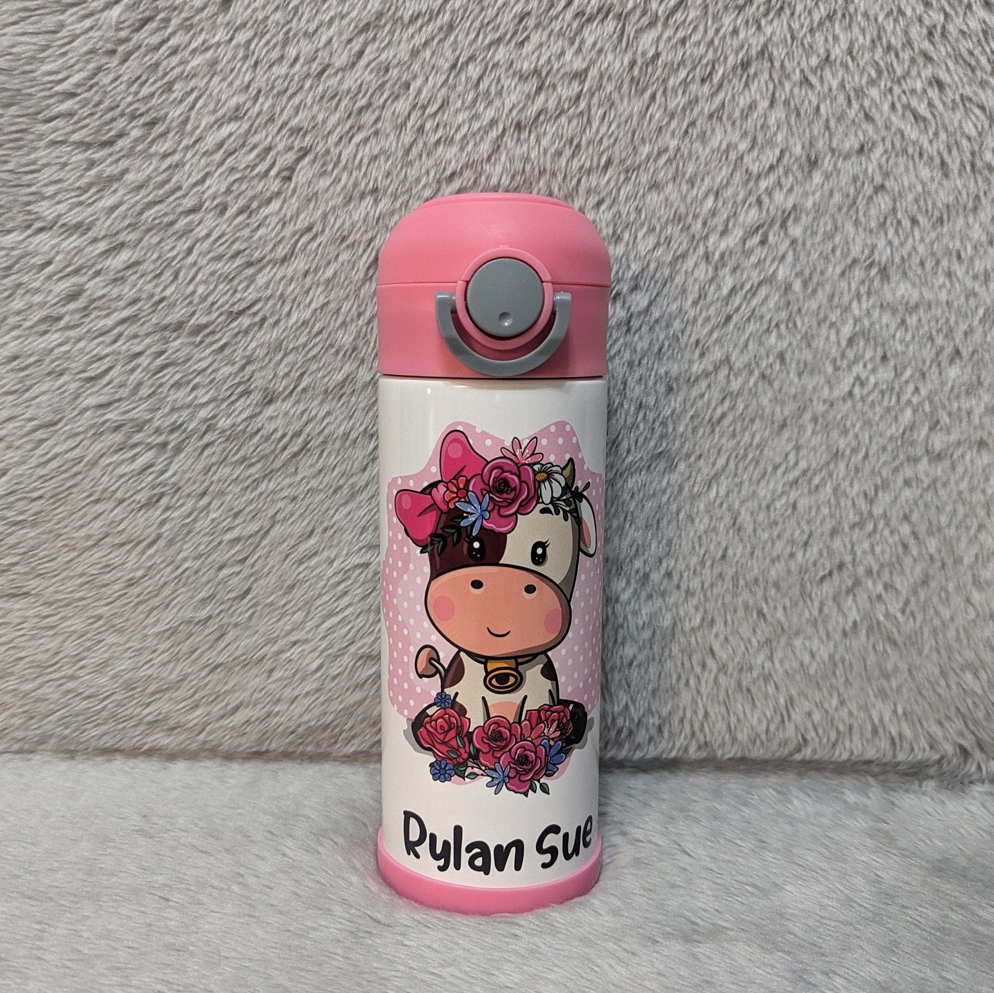 Kids Cow Water Bottle 12oz With Reusable Straw Can Be Personalized
