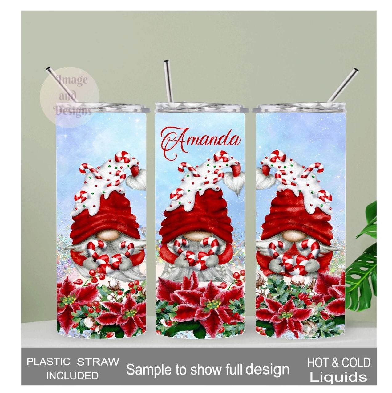 Beautiful Christmas Gnome Tumbler With Gnomes Candy Canes and Poinsettia Flowers, Christmas Gift, Personalized Cup, Winter Gnomes Gift