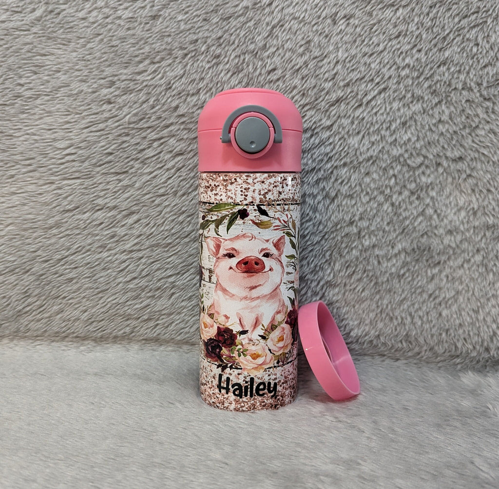 Kids Pig Water Bottle 12oz With Reusable Straw Can Be Personalized