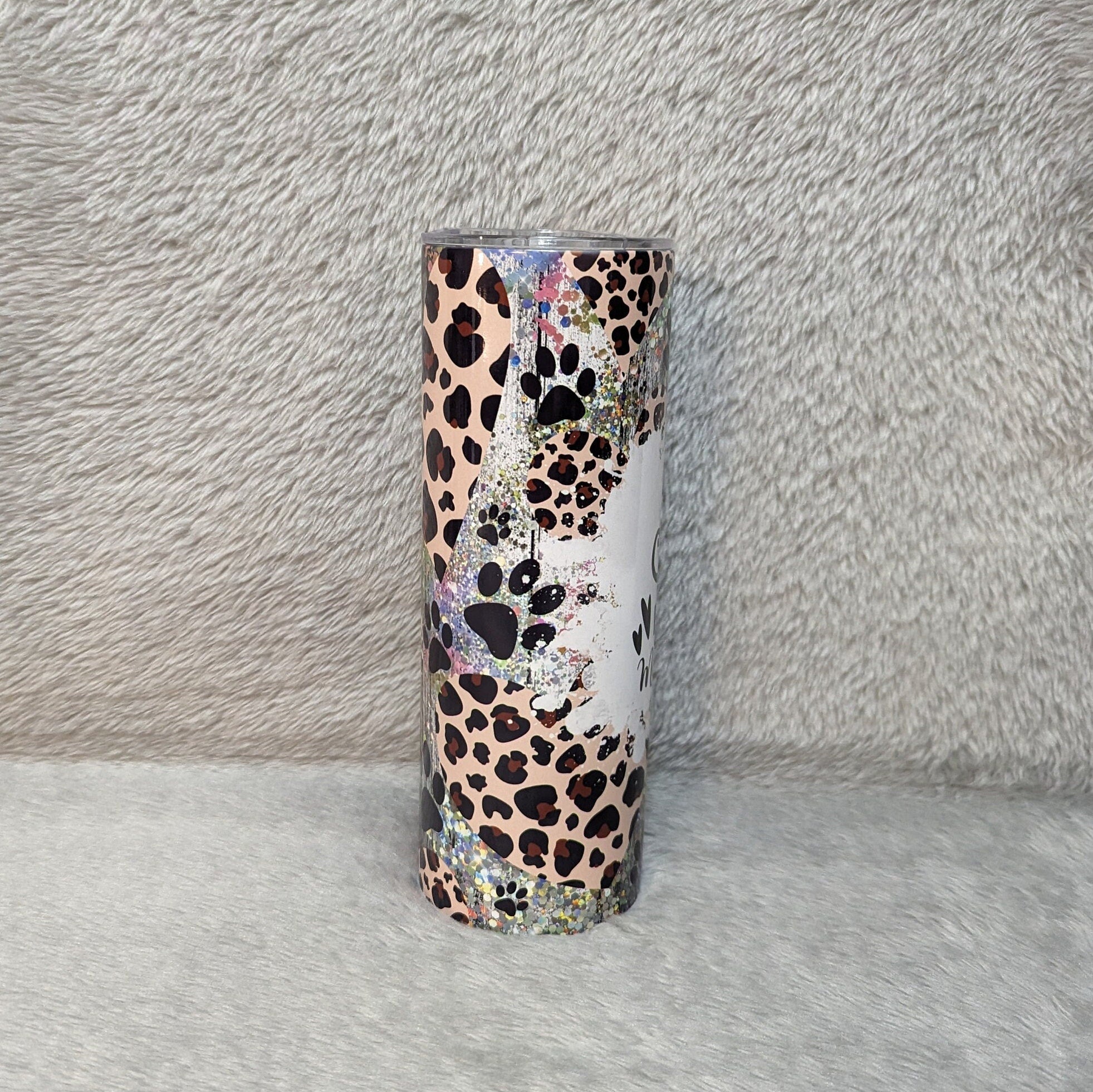 Fur Mama Cat Tumbler Can Be  Personalized, Cat Cup With Name, Cat Gift, Gift For Her, Cup With Leopard Print Hearts, Cup With Paw Prints