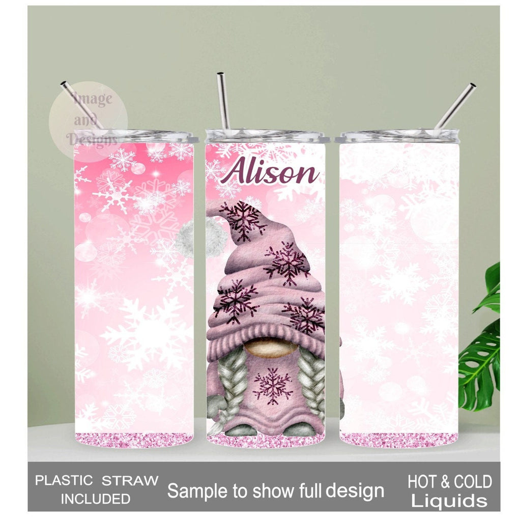 Whimsical Girl Gnome in pink Tumbler with Snowflakes - Cute Gift for Winter Lovers, Gnome Cup With Name, Great For Hot and Cold Drinks