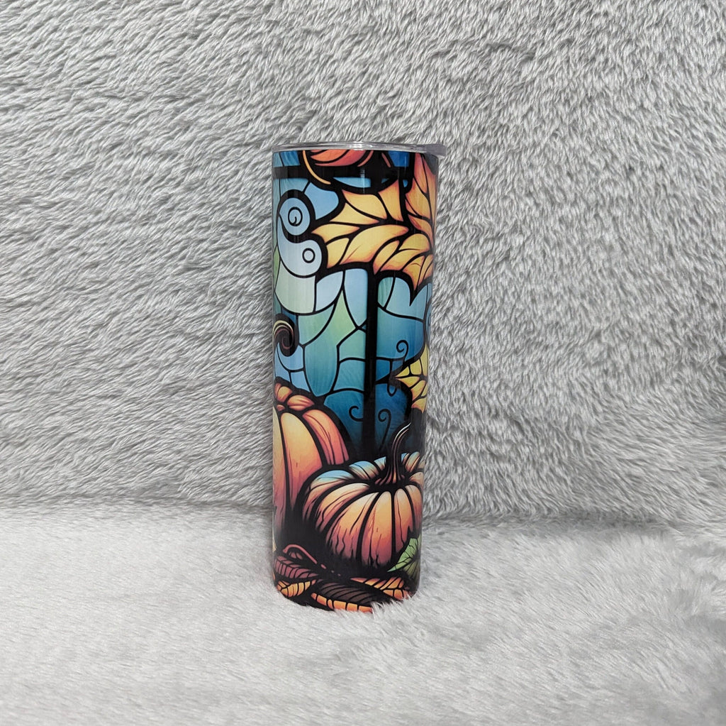 Pumpkin Tumbler With Stained Glass Design 20oz With Reusable Straw