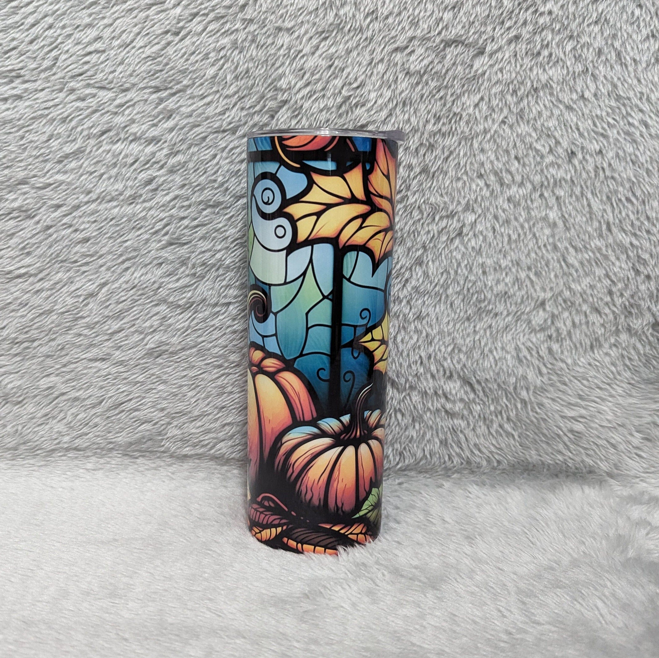 Pumpkin Tumbler With Stained Glass Design 20oz With Reusable Straw