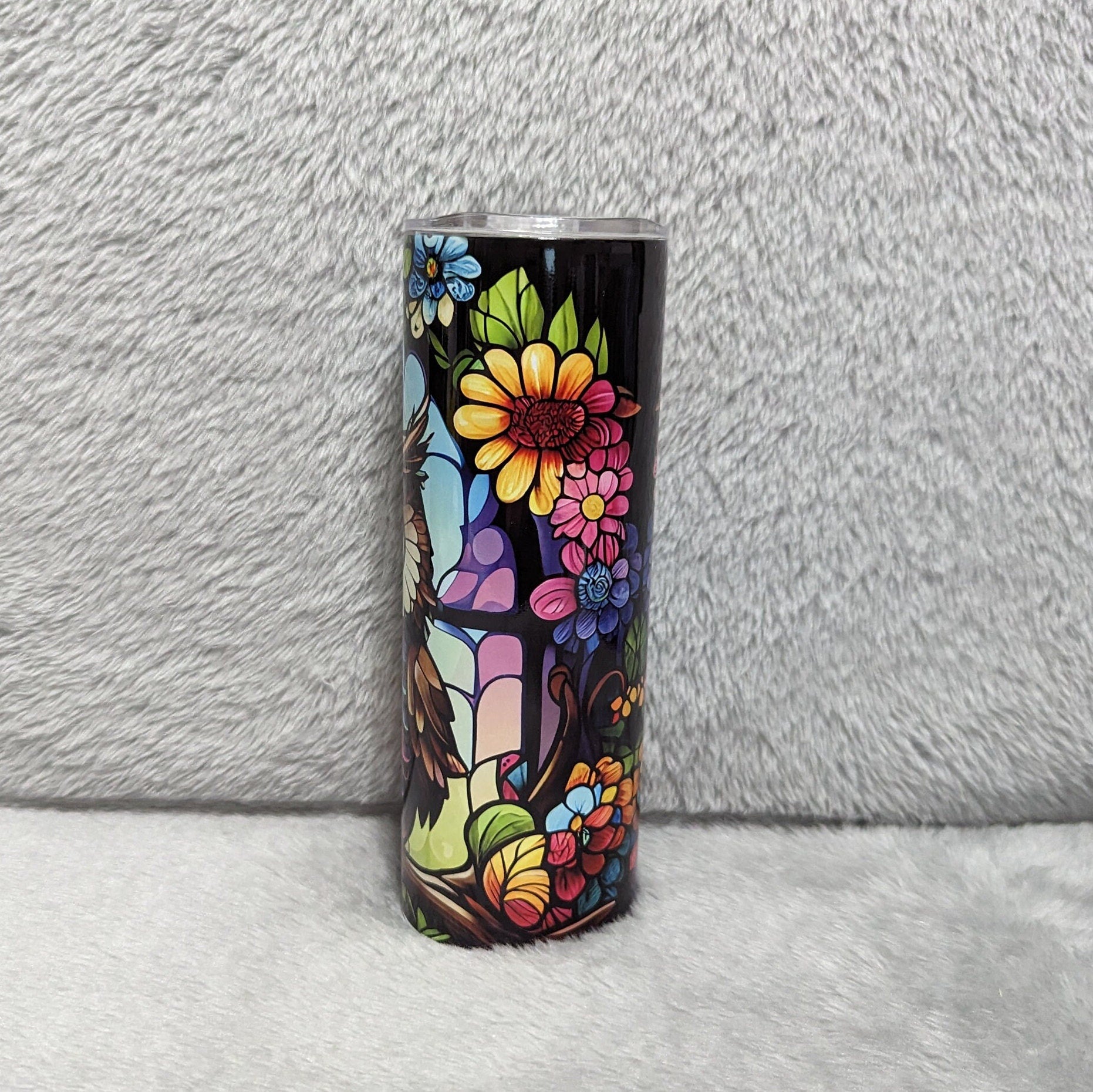 Owl Tumbler With Stained Glass Design 20oz With Reusable Straw, Can Be Personalized