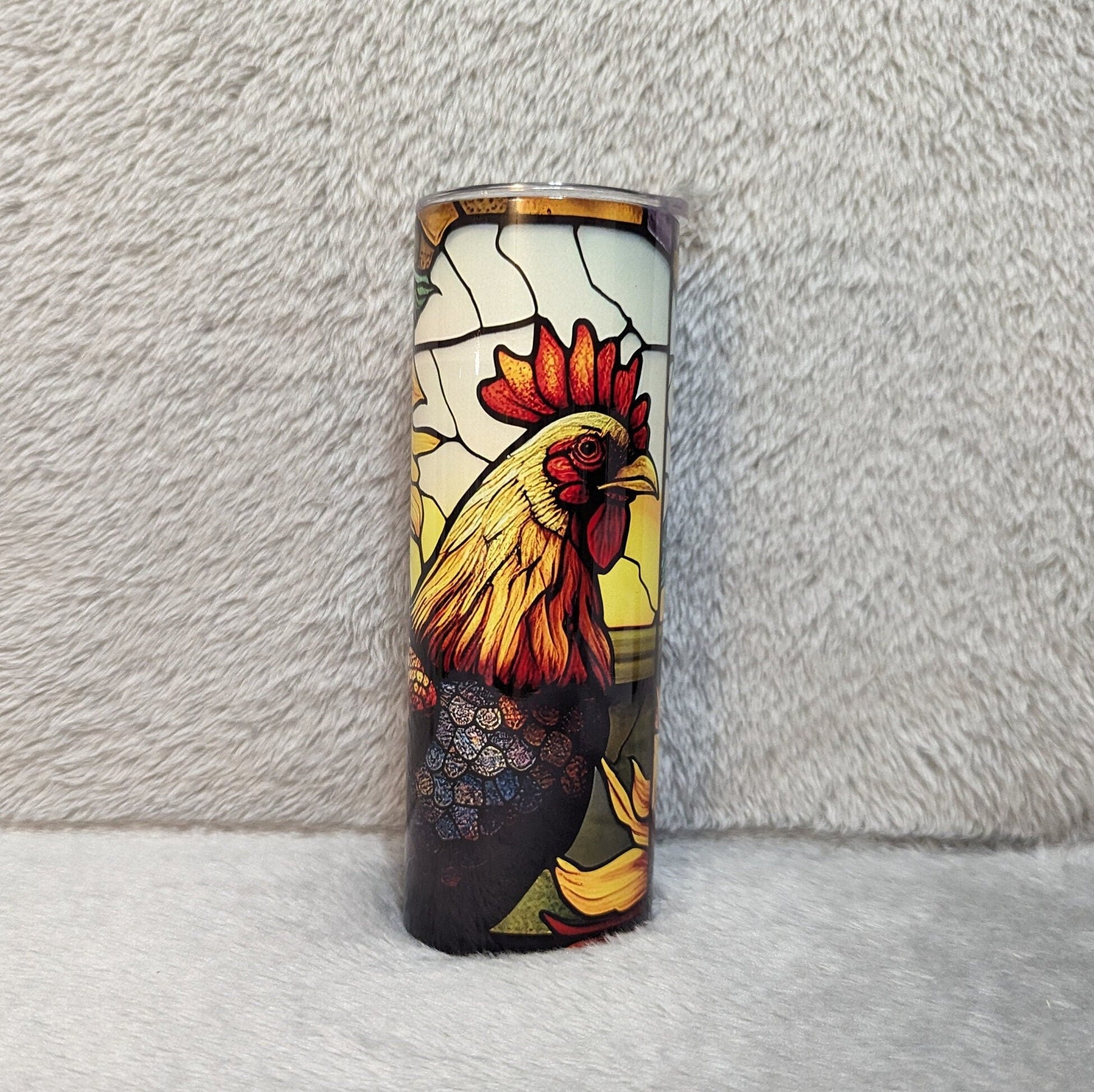 Colorful Rooster Tumbler With A Stained Glass Design 20oz With Reusable Straw, Can Be Personalized