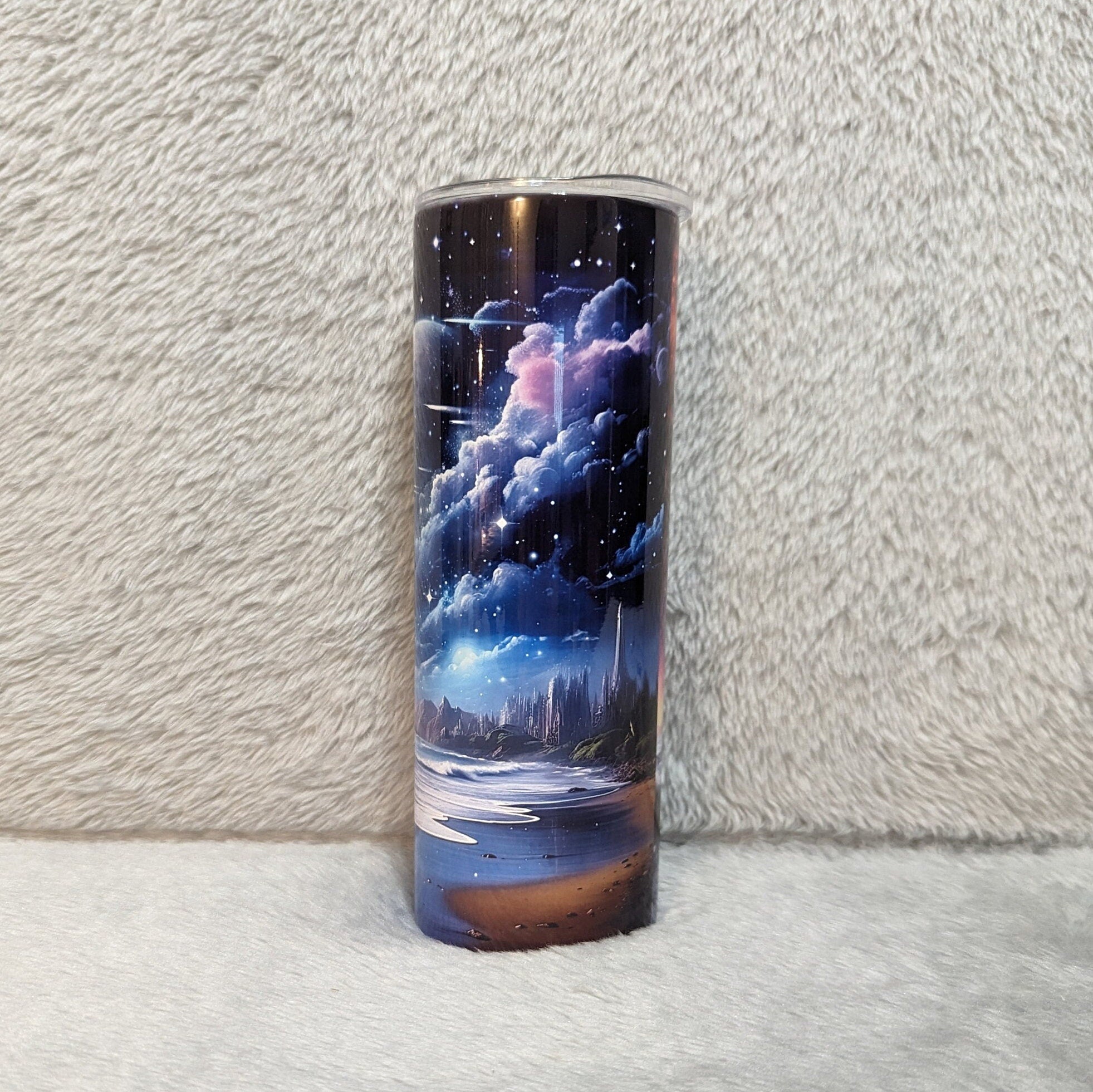 Neon Color Beach Tumbler, Northern Light Tumbler, Sparkling Sky and Glistening Water, Unique Drinkware for a Vibrant Lifestyle, Beach Gift