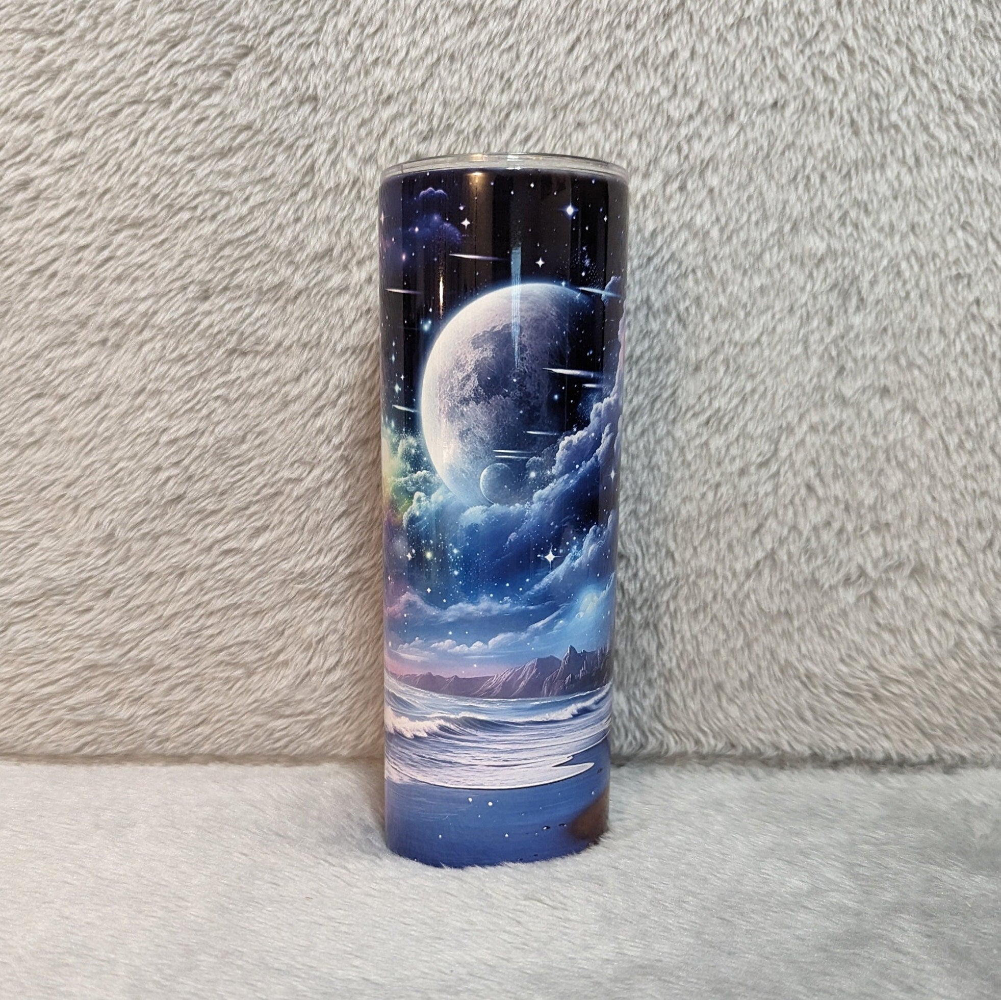 Neon Color Beach Tumbler, Northern Light Tumbler, Sparkling Sky and Glistening Water, Unique Drinkware for a Vibrant Lifestyle, Beach Gift
