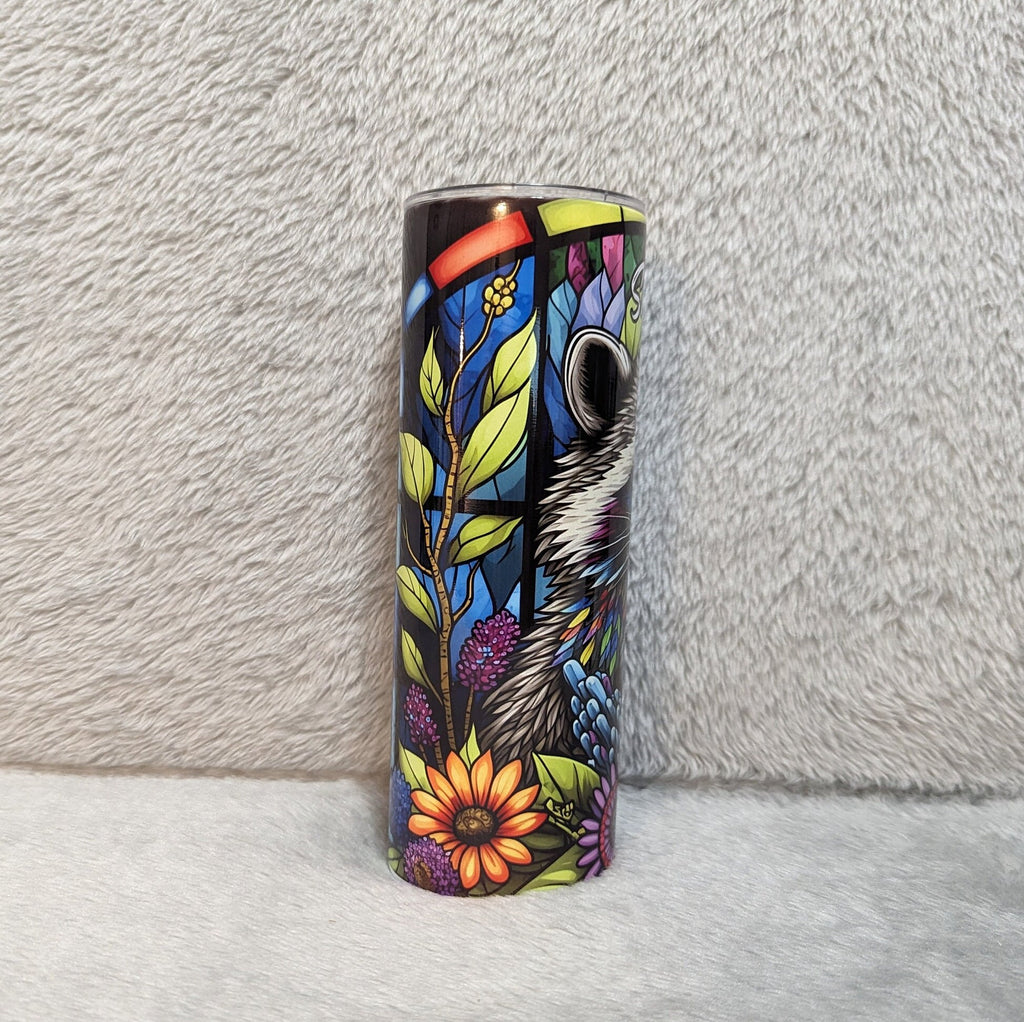 Beautiful Raccoon Tumbler With A Stained Glass Design, Includes Lid and Plastic Straw, Colorful Raccoon Cup, Personalized Tumbler