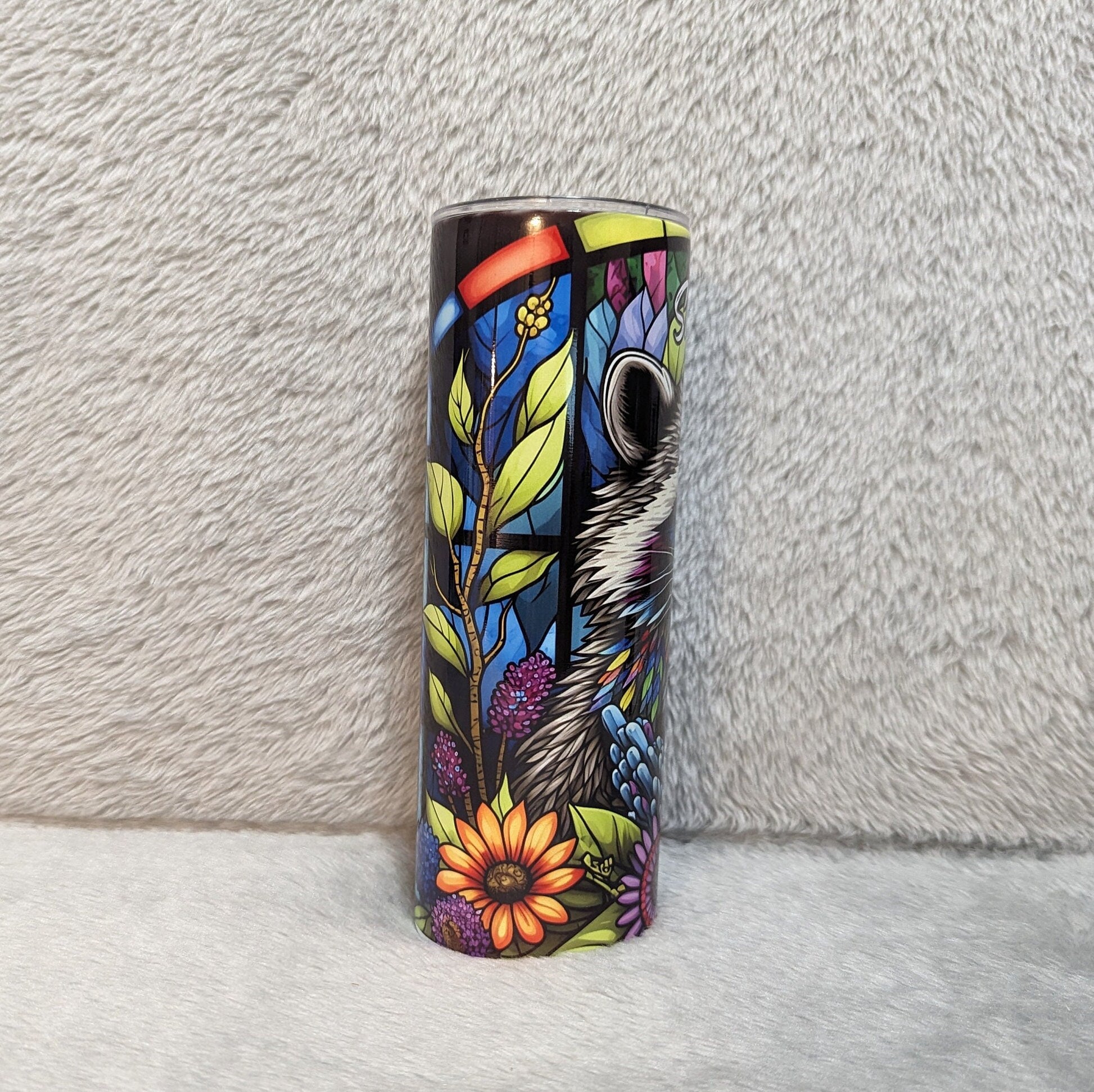 Beautiful Raccoon Tumbler With A Stained Glass Design, Includes Lid and Plastic Straw, Colorful Raccoon Cup, Personalized Tumbler