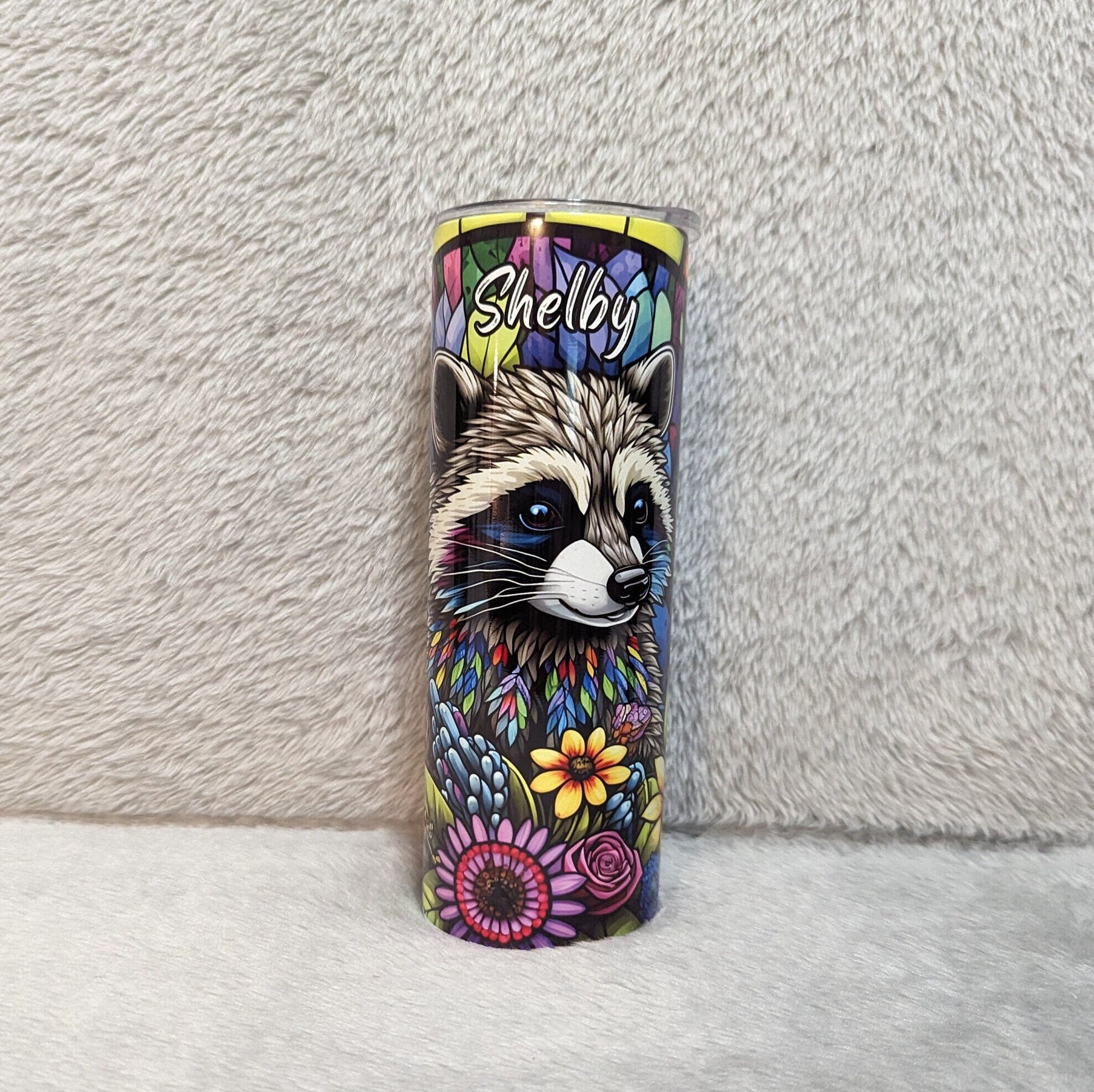 Beautiful Raccoon Tumbler With A Stained Glass Design, Includes Lid and Plastic Straw, Colorful Raccoon Cup, Personalized Tumbler