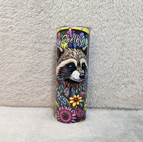 Beautiful Raccoon Tumbler With A Stained Glass Design 20oz With Reusable Straw, Can Be Personalized