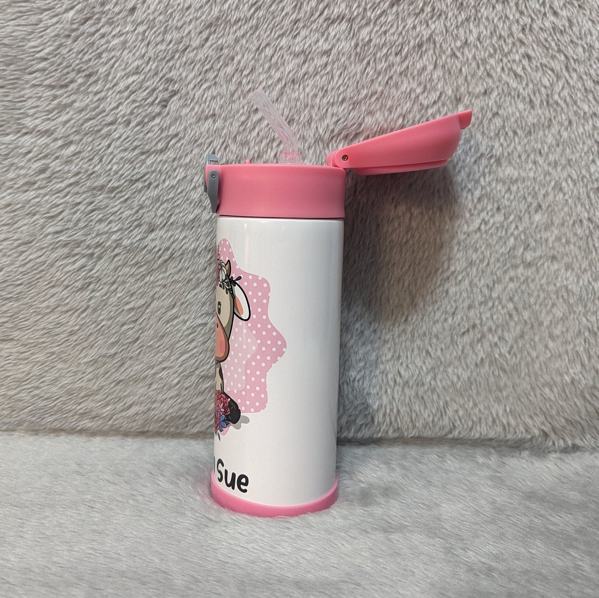 Kids Cow Water Bottle 12oz With Reusable Straw Can Be Personalized