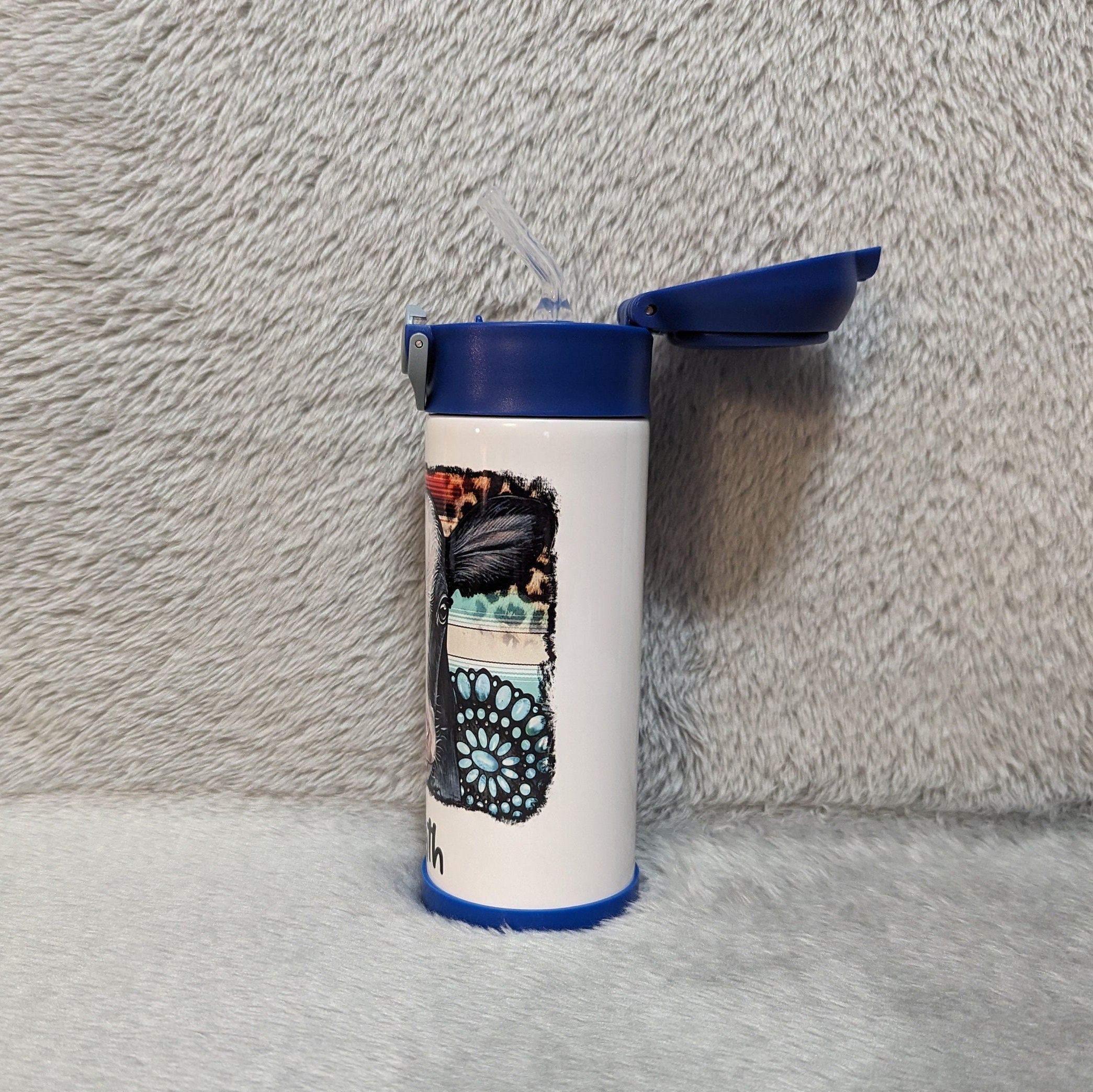 Kids Cow Water Bottle 12oz With Reusable Straw Can Be Personalized