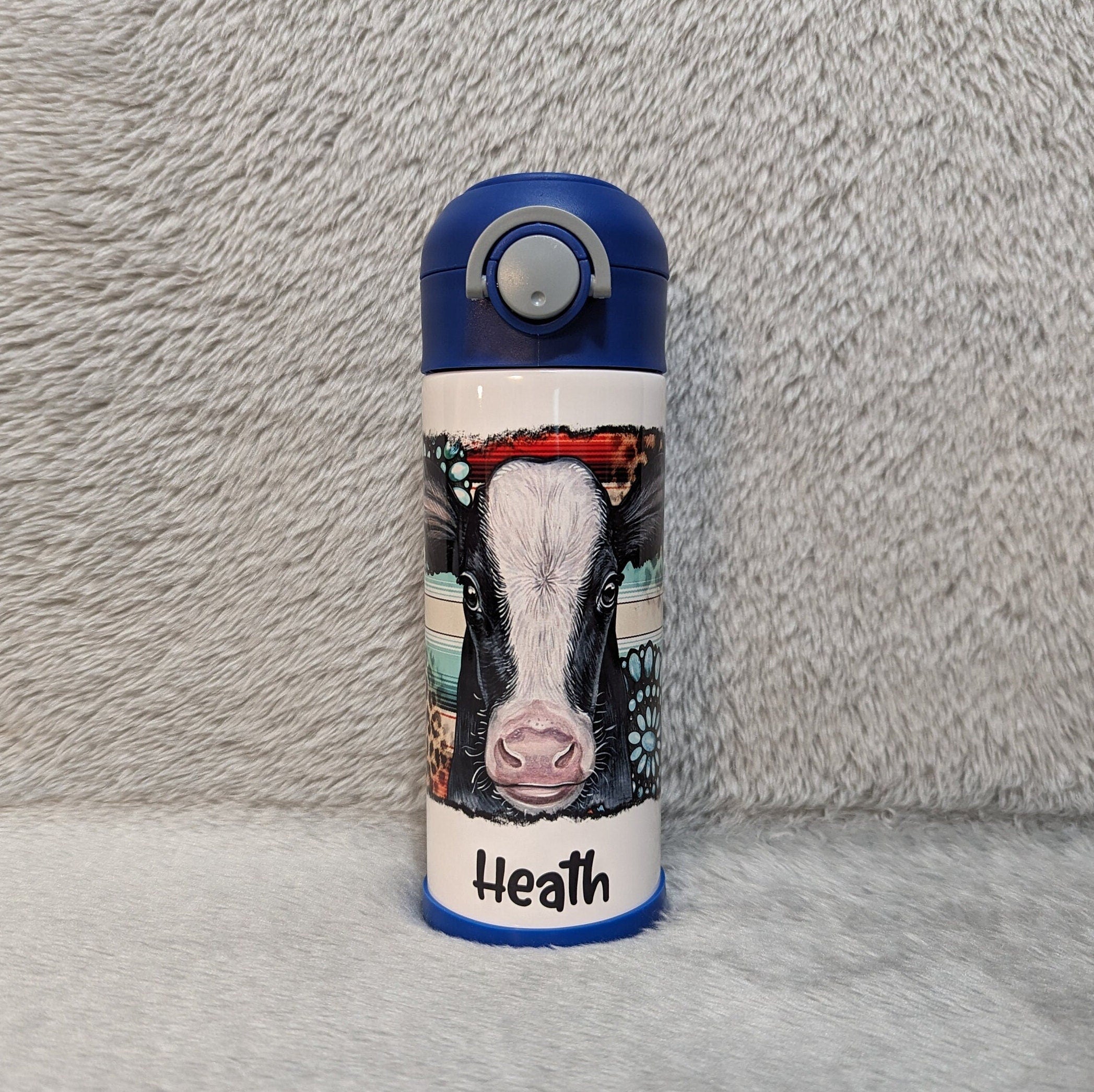 Kids Cow Water Bottle 12oz With Reusable Straw Can Be Personalized