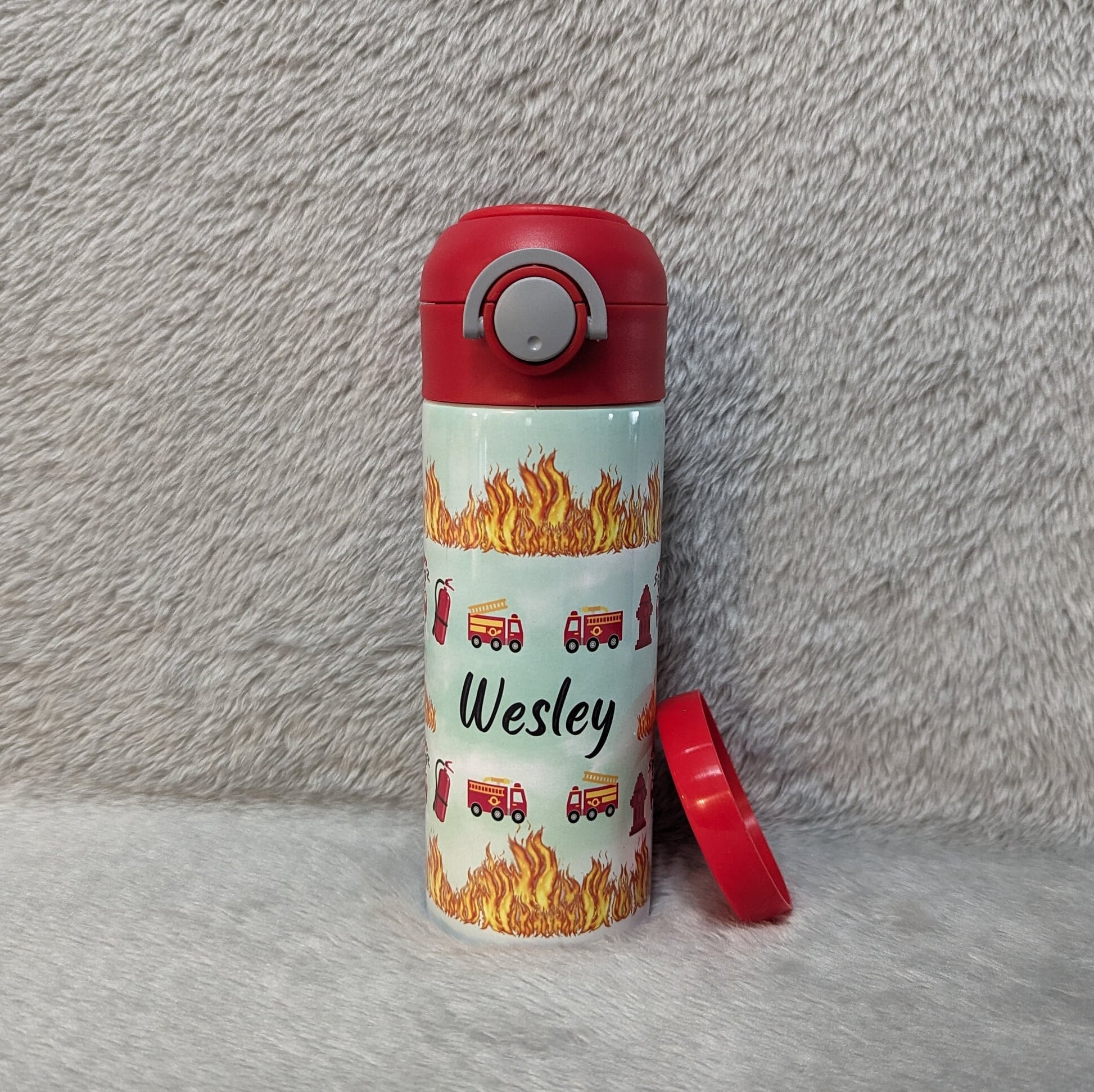 Kids Firetruck Water Bottle 12oz With Reusable Straw Can Be Personalized