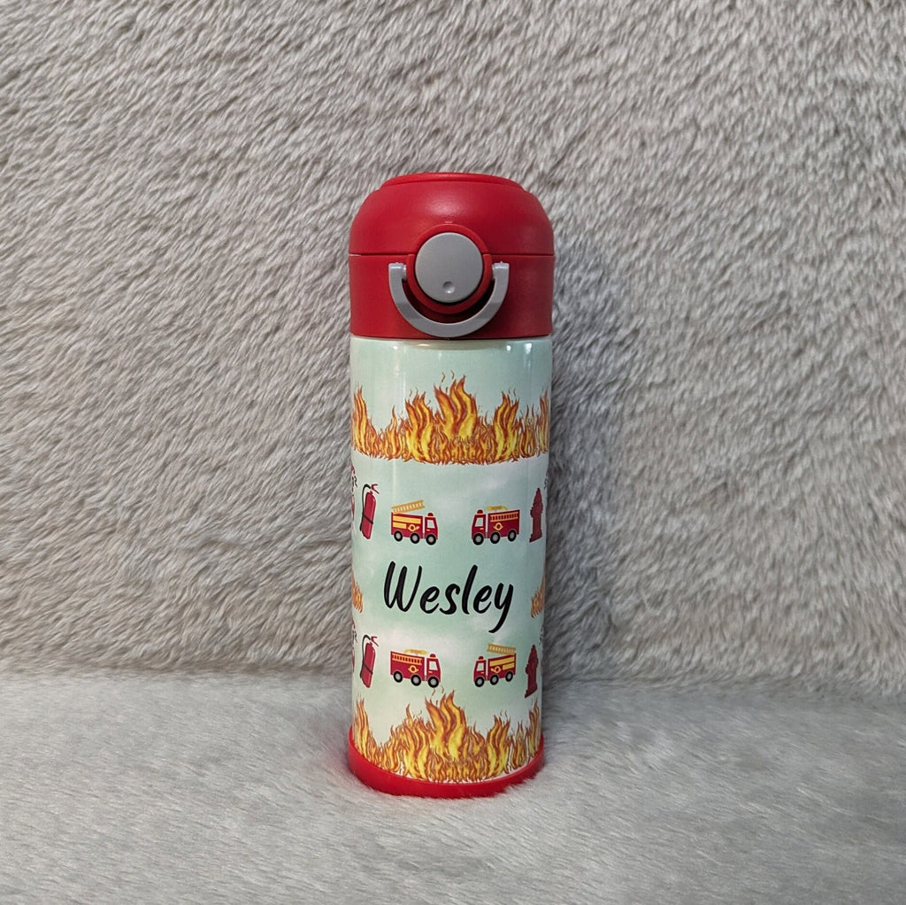 Kids Firetruck Water Bottle 12oz With Reusable Straw Can Be Personalized