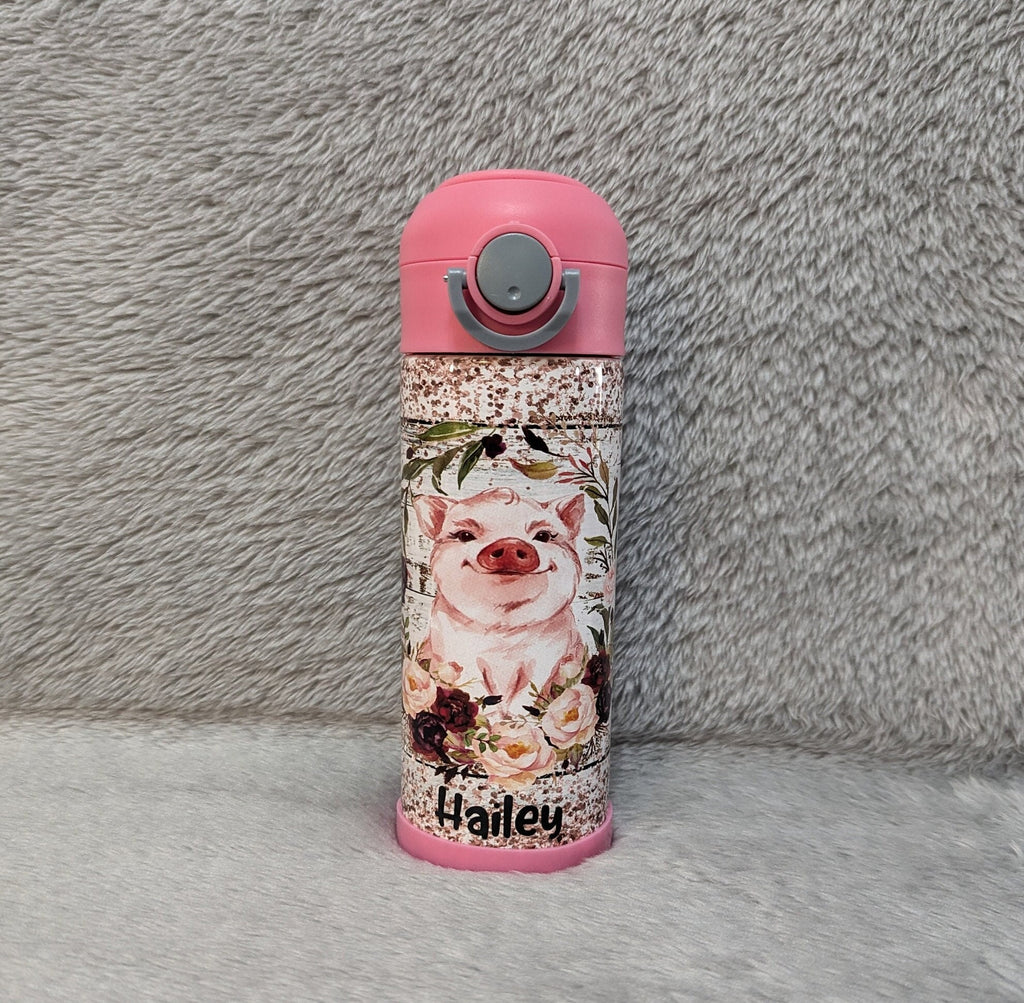 Kids Pig Water Bottle 12oz With Reusable Straw Can Be Personalized