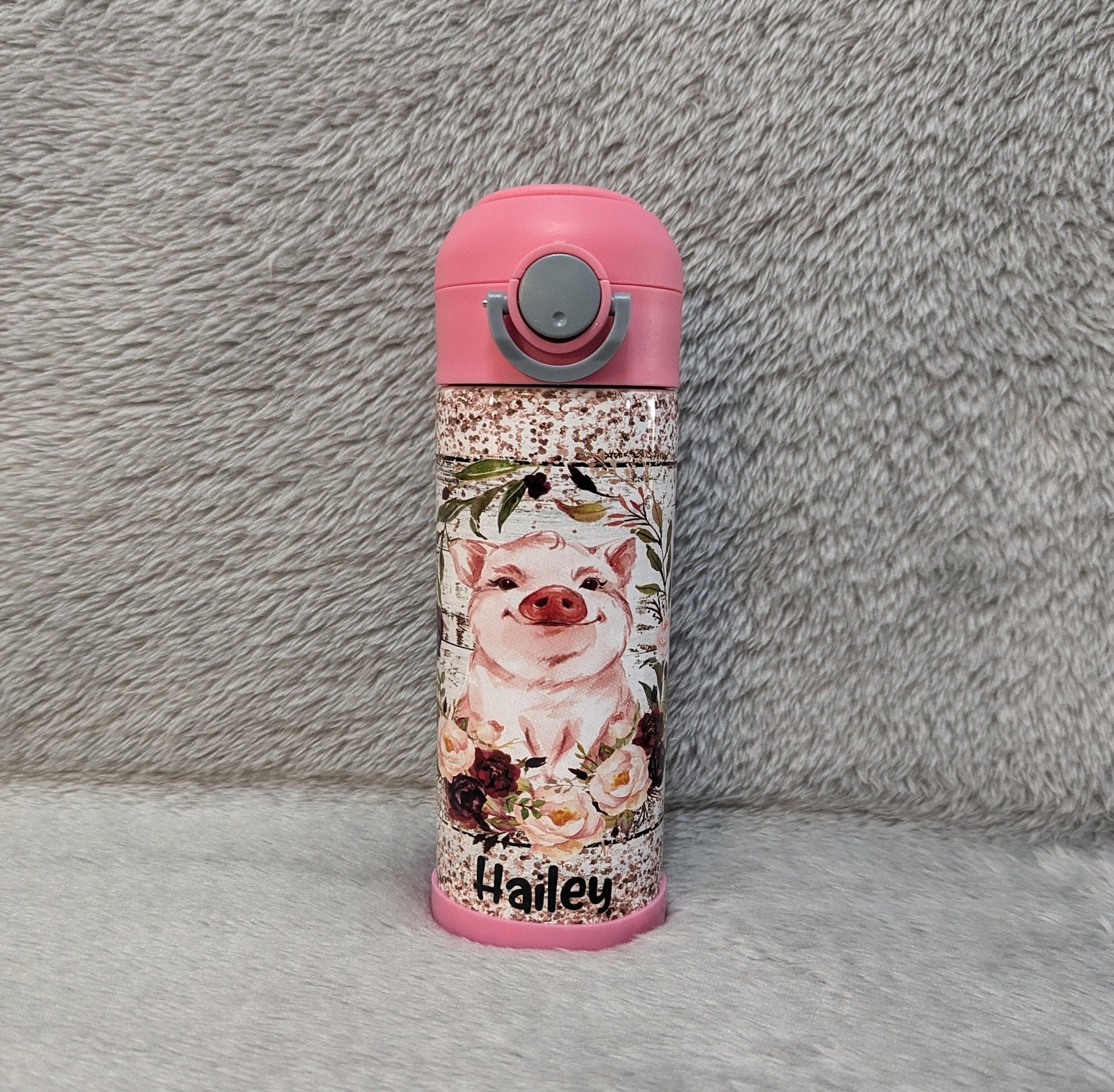 Kids Pig Water Bottle 12oz With Reusable Straw Can Be Personalized