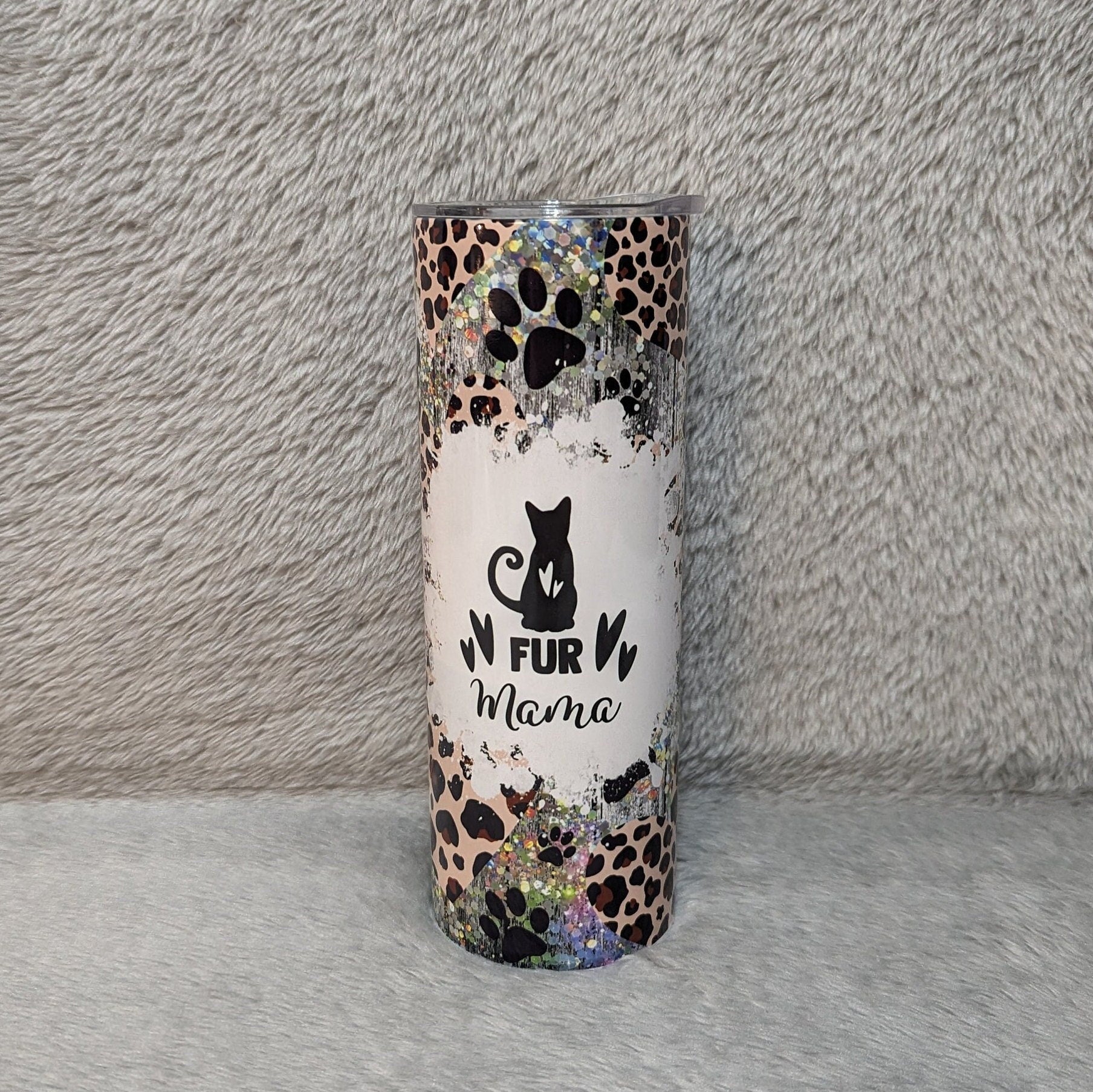 Fur Mama Cat Tumbler Can Be  Personalized, Cat Cup With Name, Cat Gift, Gift For Her, Cup With Leopard Print Hearts, Cup With Paw Prints