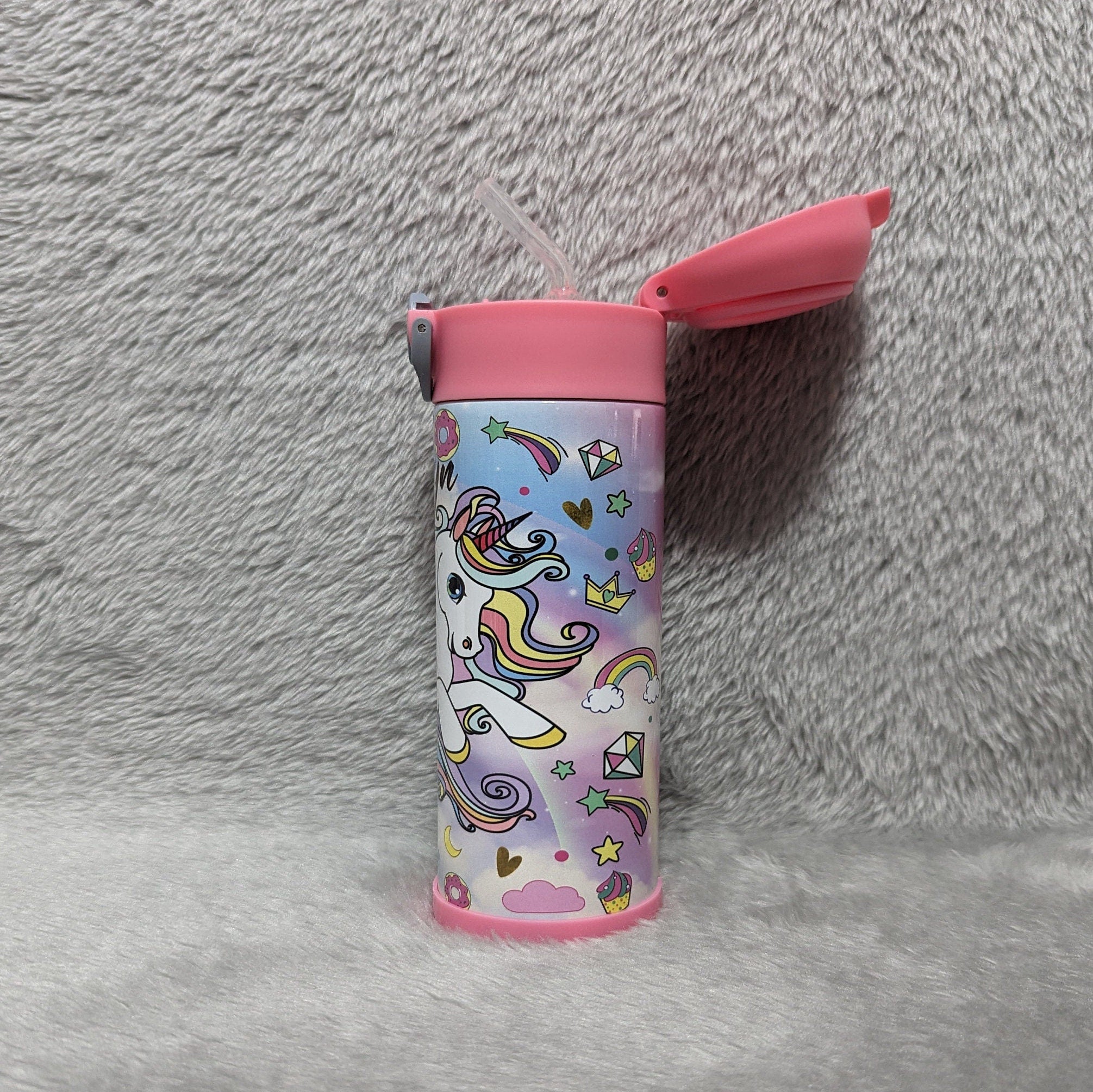 Kids Unicorn Water Bottle 12oz With Reusable Straw Can Be Personalized
