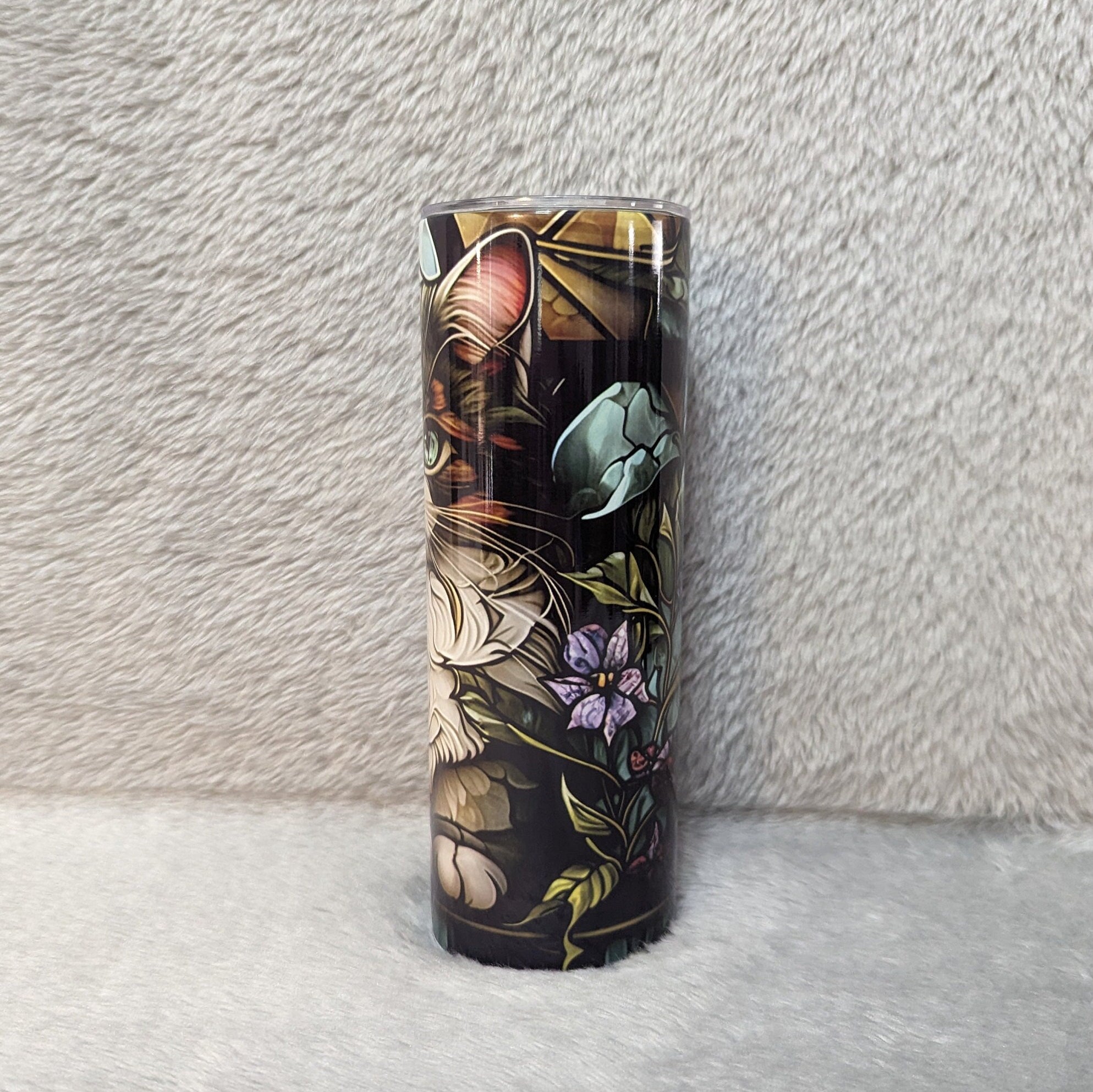 Cat/Kitten Tumbler with A Stained Glass Design 20oz With Reusable Straw, Can Be Personalized