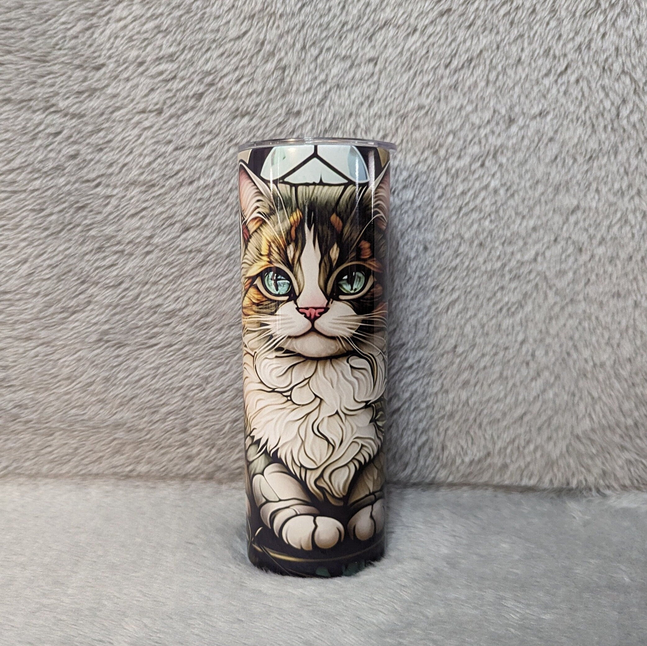 Cat/Kitten Tumbler with A Stained Glass Design 20oz With Reusable Straw, Can Be Personalized