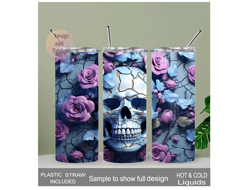 3D Design Skull Tumbler with Purple Flowers, Unique Gothic Drinkware, Skull Cup, Spooky Gift Idea, Skull Lover Gift, Stunning Skull Tumbler