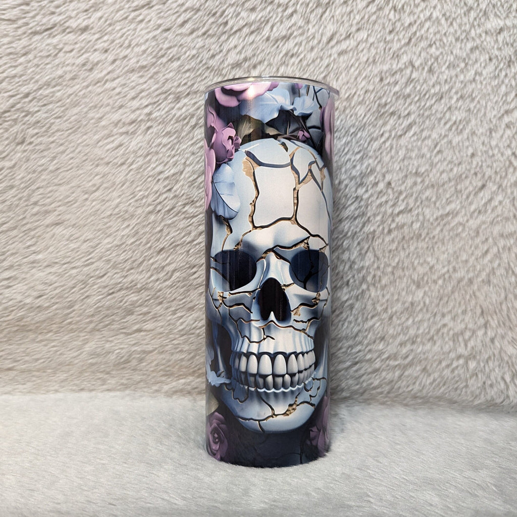 3D Design Skull Tumbler with Purple Flowers, Unique Gothic Drinkware, Skull Cup, Spooky Gift Idea, Skull Lover Gift, Stunning Skull Tumbler