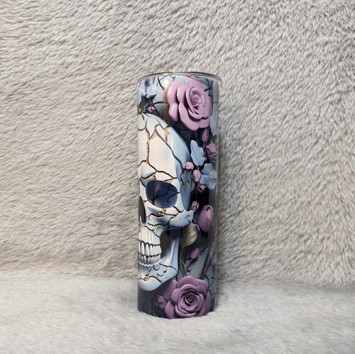 3D Design Skull Tumbler with Purple Flowers, Unique Gothic Drinkware, Skull Cup, Spooky Gift Idea, Skull Lover Gift, Stunning Skull Tumbler