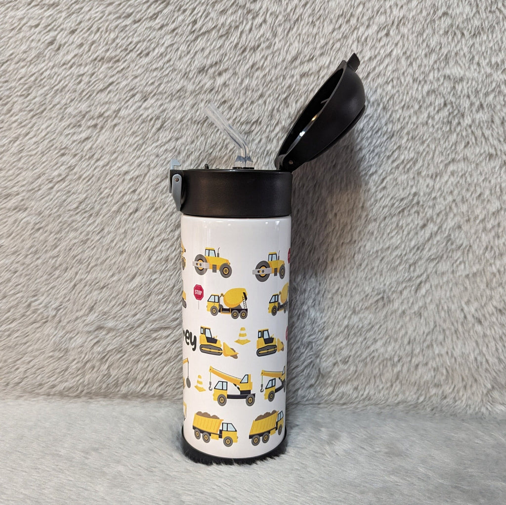 Kids Construction Water Bottle 12oz With Reusable Straw Can Be Personalized